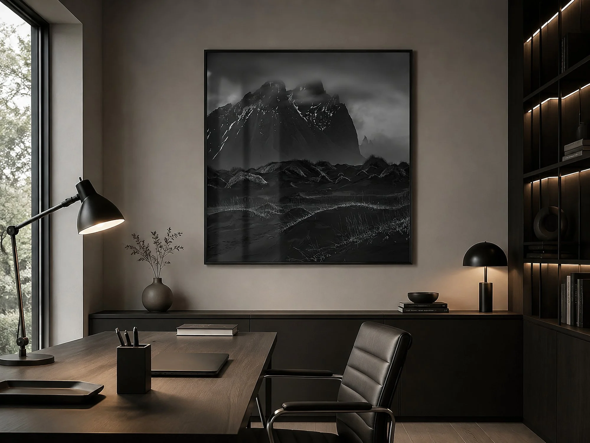 Modern minimalist study with a framed black-and-white Vestrahorn mountain photograph, dark timber desk, black leather chair, warm shelf lighting and soft natural daylight, by Nick Psomiadis at NIKART Studio and Gallery