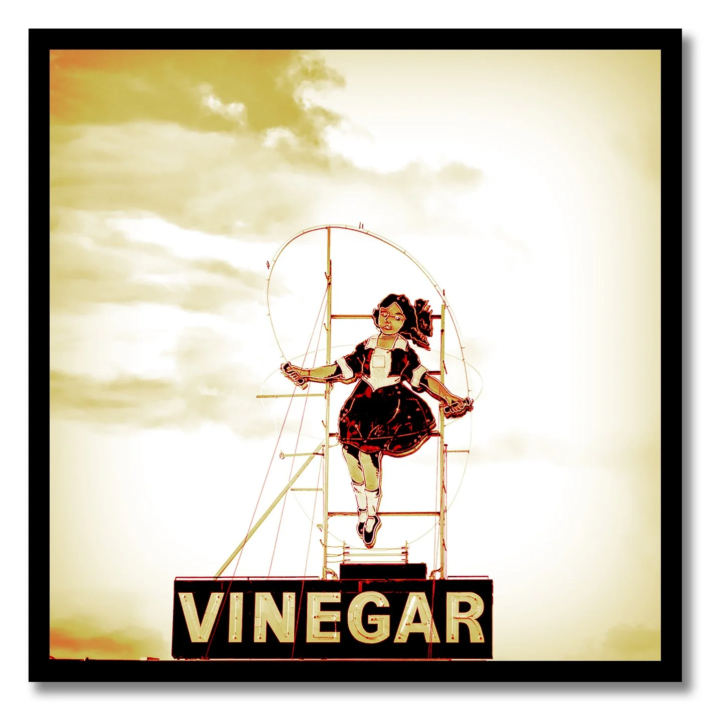 skipping girl vinegar sign under golden sky photograph