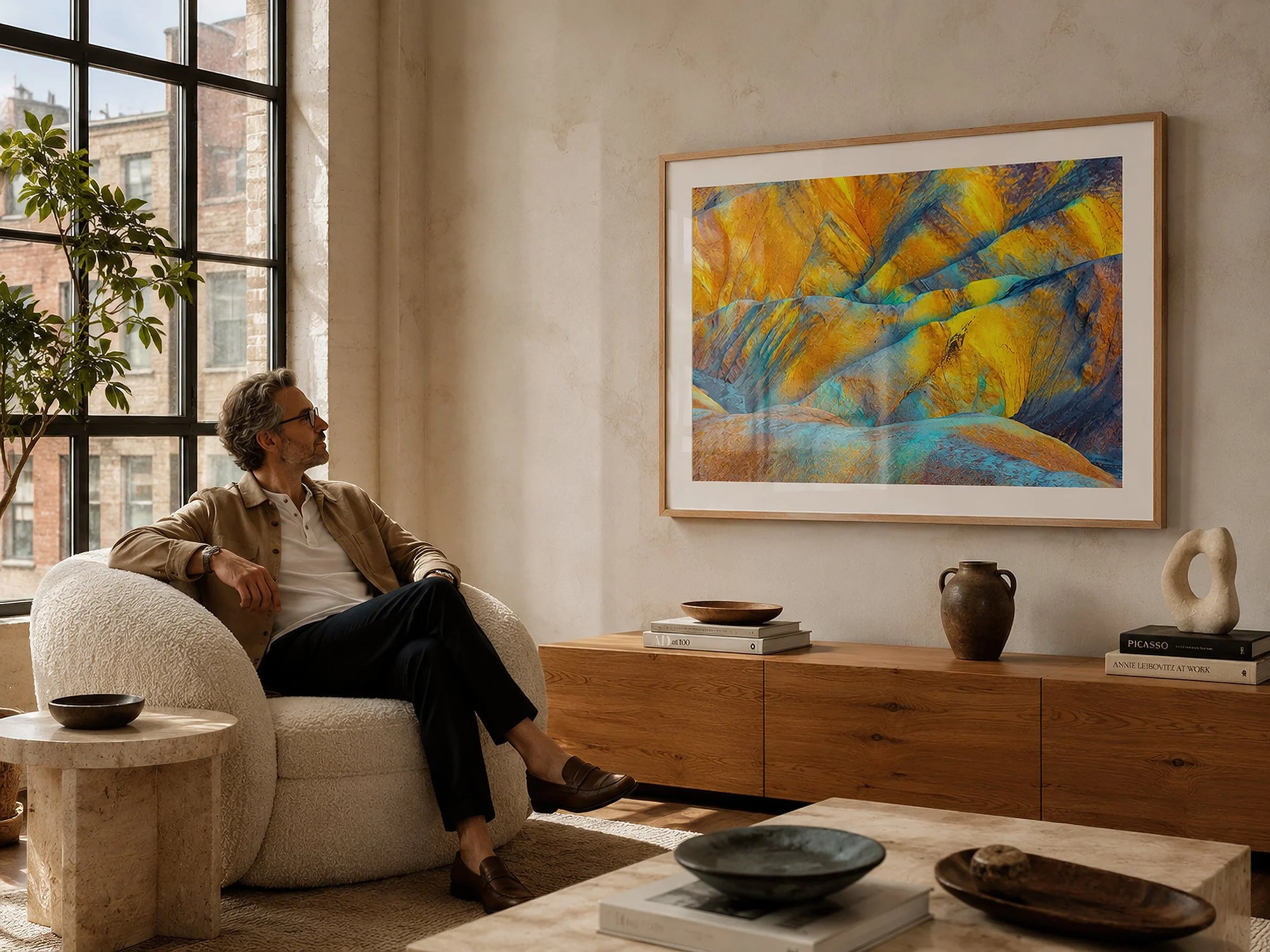Framed Painted Dunes photograph displayed in a bright sunlit loft with a seated man and warm natural furnishings.