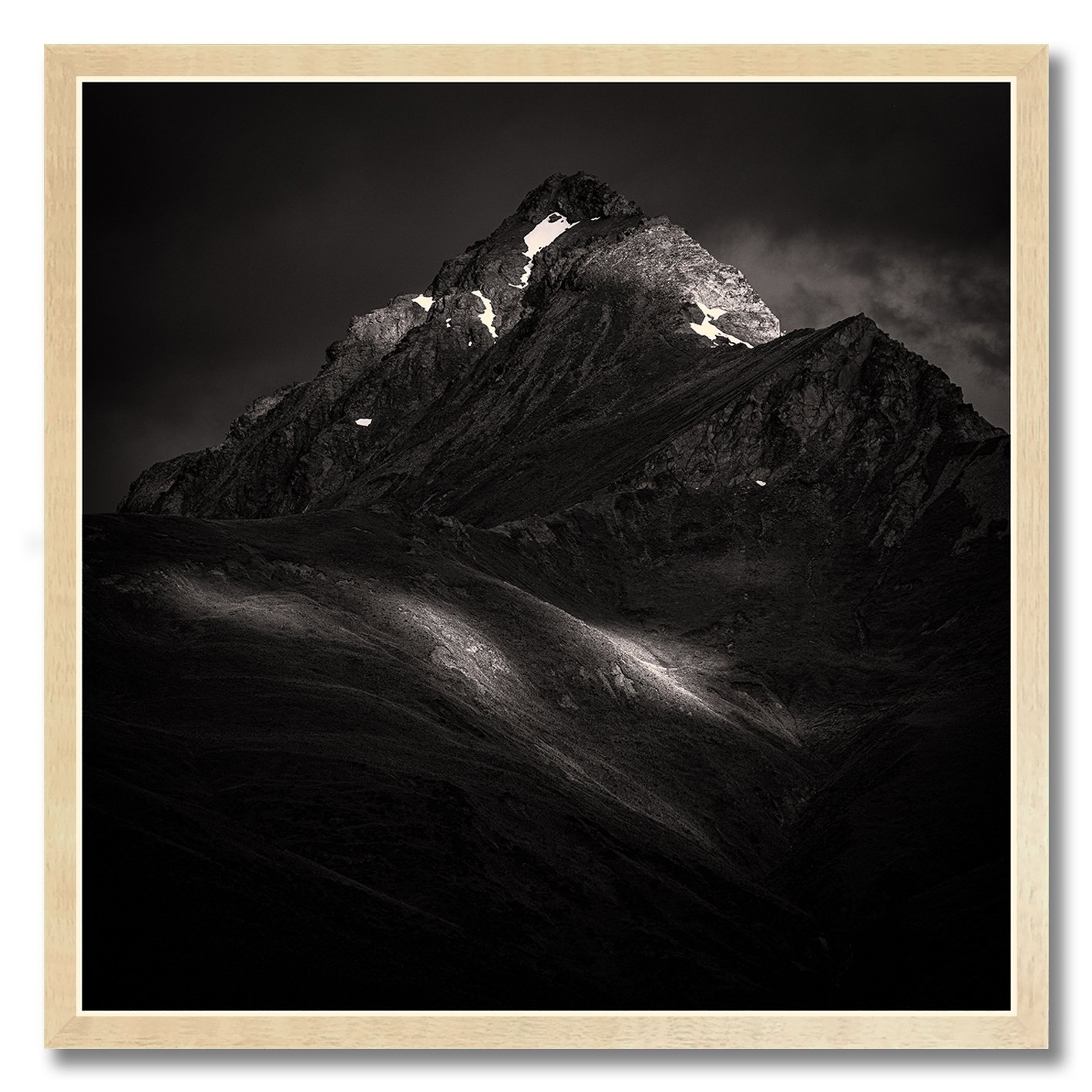 Black and white mountain landscape photograph in New Zealand