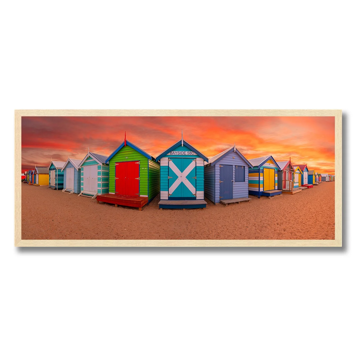 fine art photograph of colourful brighton bathing boxes at sunset on melbourne beach