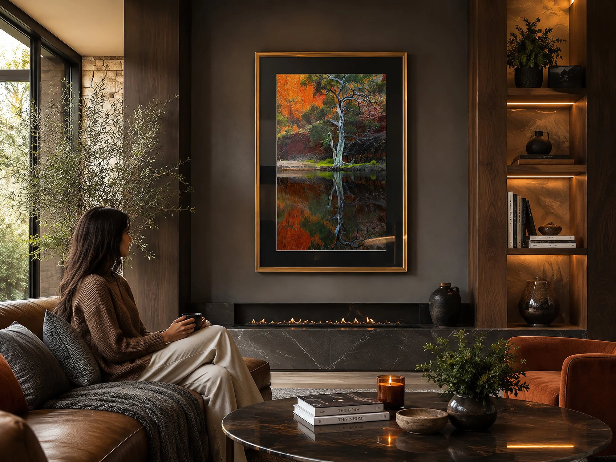 Matt gold-framed ghost gum photograph with orange cliffs and mirrored water, displayed with a black mat in a moody luxury living room with dark timber, warm shelving and a seated woman, by Nick Psomiadis at NIKART Studio and Gallery