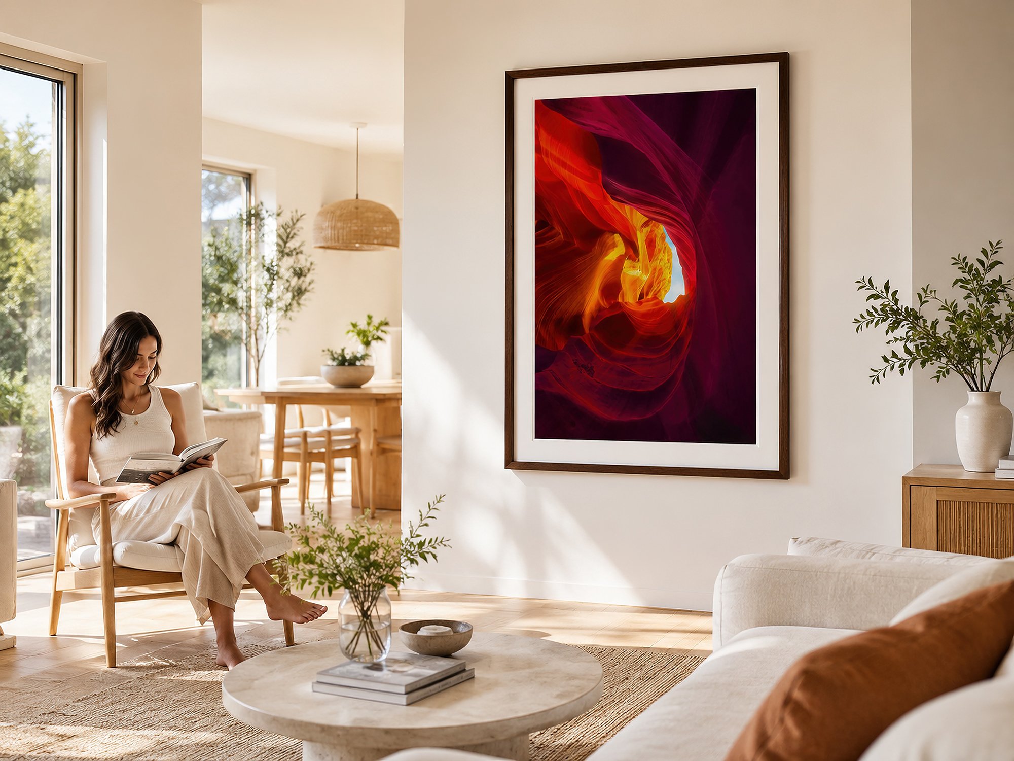 Framed Antelope Canyon photograph with a white mat and dark timber frame displayed in a bright, sunlit contemporary living room with a seated woman reading — Nick Psomiadis at NIKART Studio and Gallery.