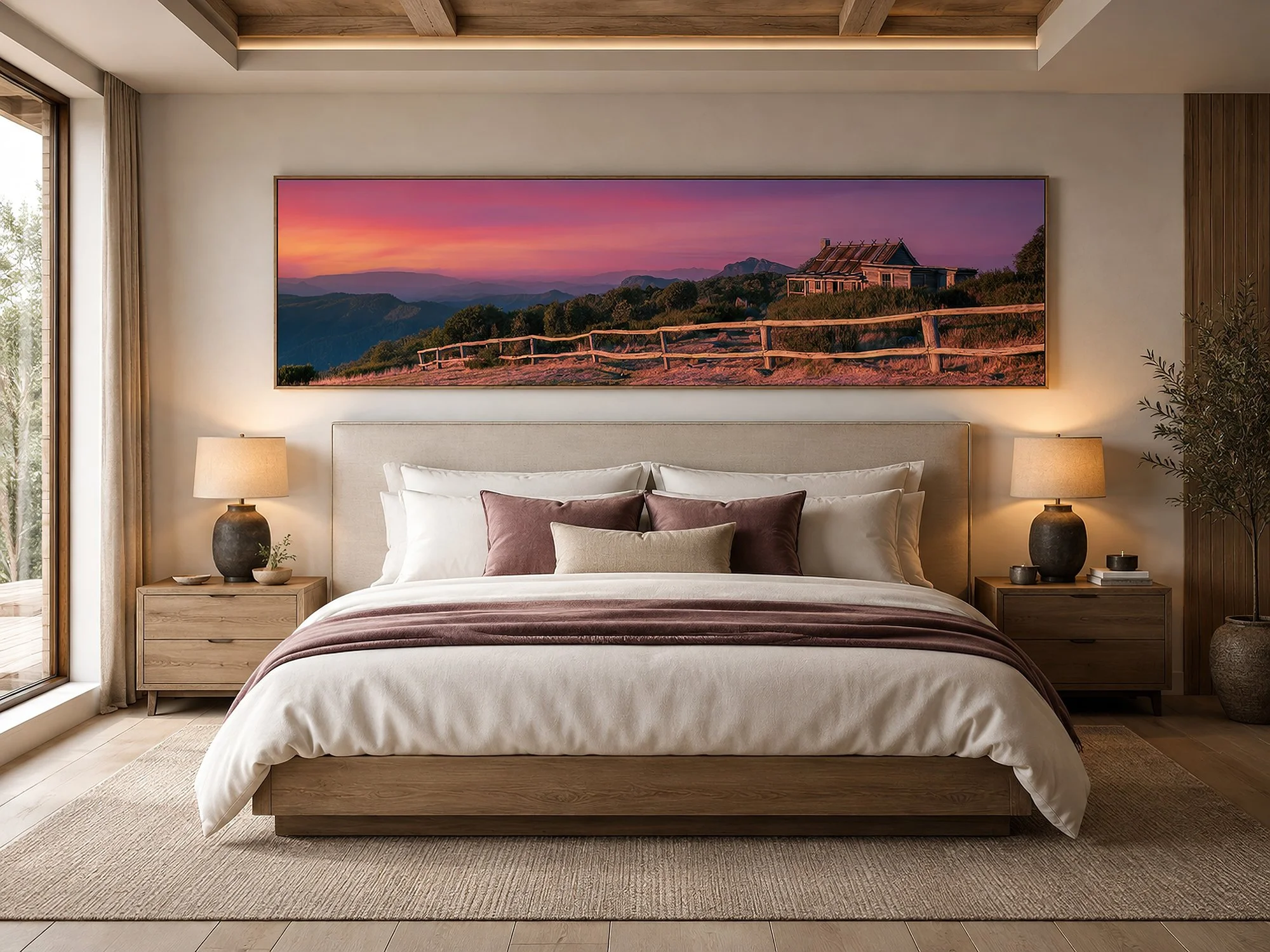 Panoramic Craig’s Hut sunset photograph above a king-size bed in a bright luxury bedroom with warm timber, mauve bedding and soft lamps, by Nick Psomiadis at NIKART Studio and Gallery
