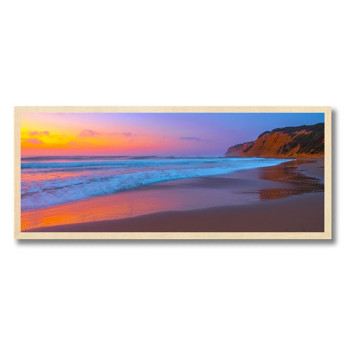Fine art photograph of Sunnymeade Beach shoreline at sunset with sea cliffs