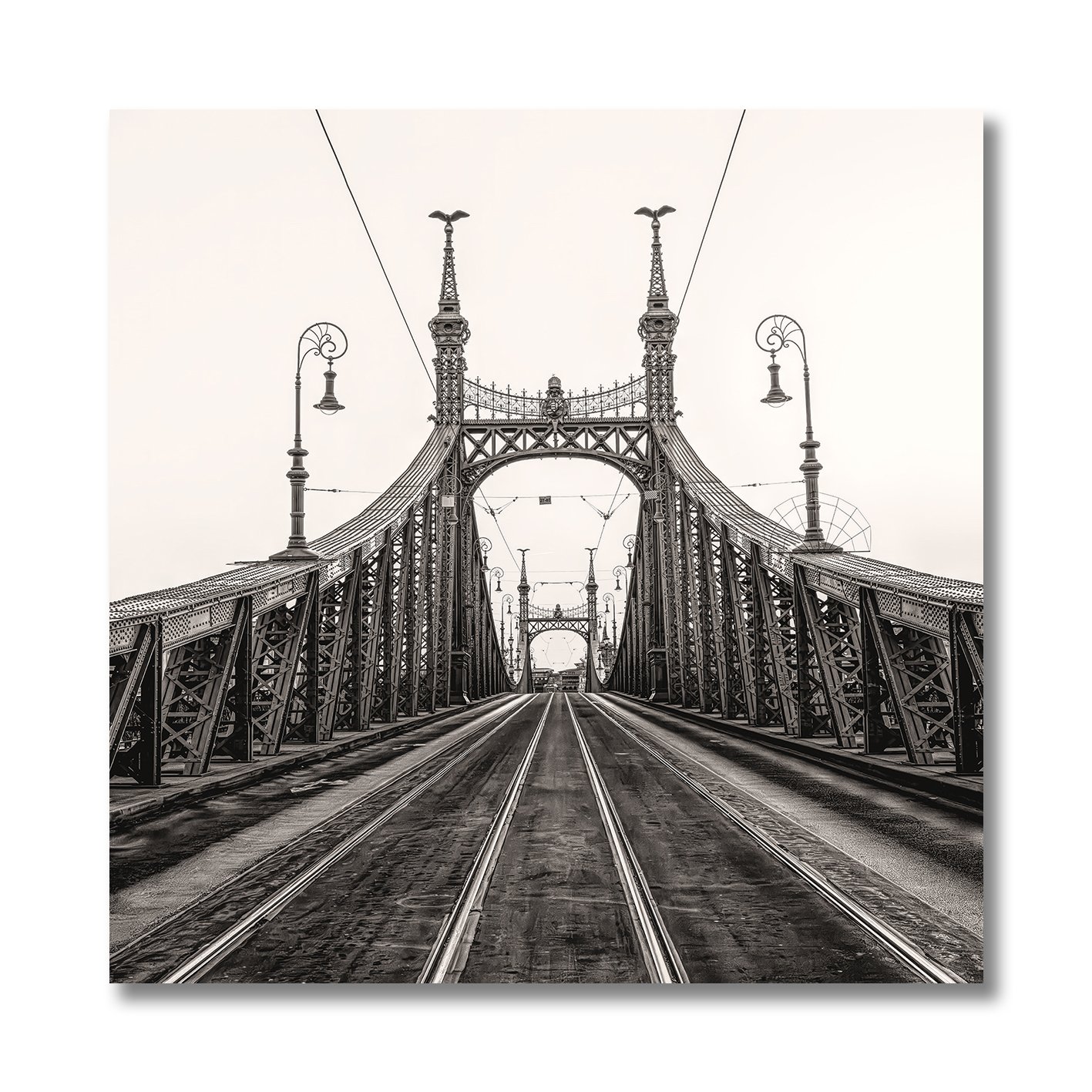 Black and white photograph of Liberty Bridge in Budapest with tramlines