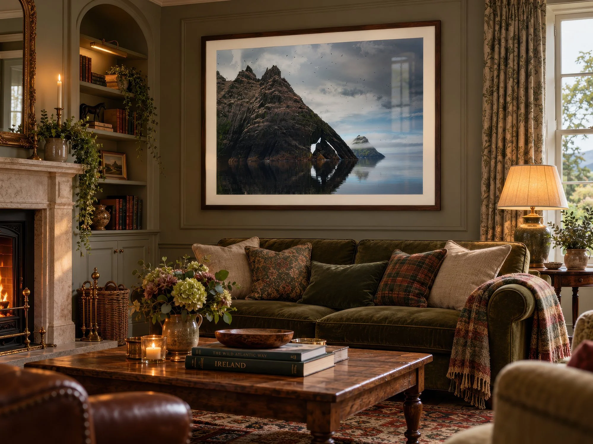 Framed Skellig Islands photograph above a green velvet sofa in a classic Irish lounge with a fireplace, by Nick Psomiadis at NIKART Studio and Gallery