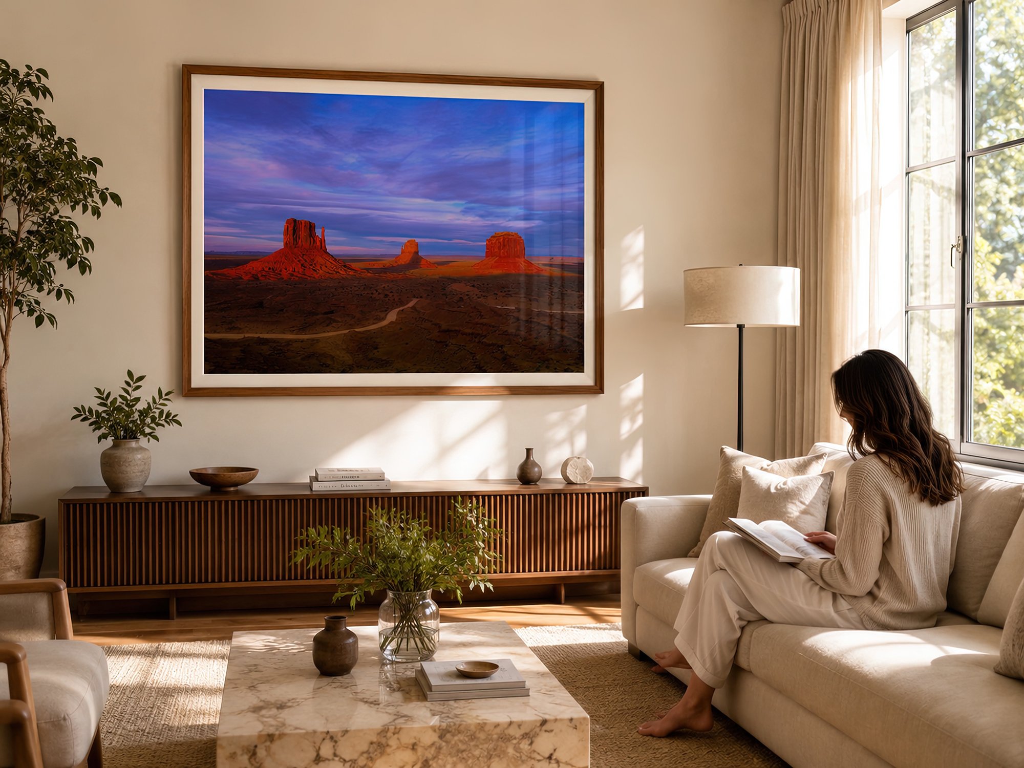 Sunlit contemporary living room with a seated woman reading beside a timber-framed Monument Valley photograph with glass reflections by Nick Psomiadis at NIKART Studio and Gallery
