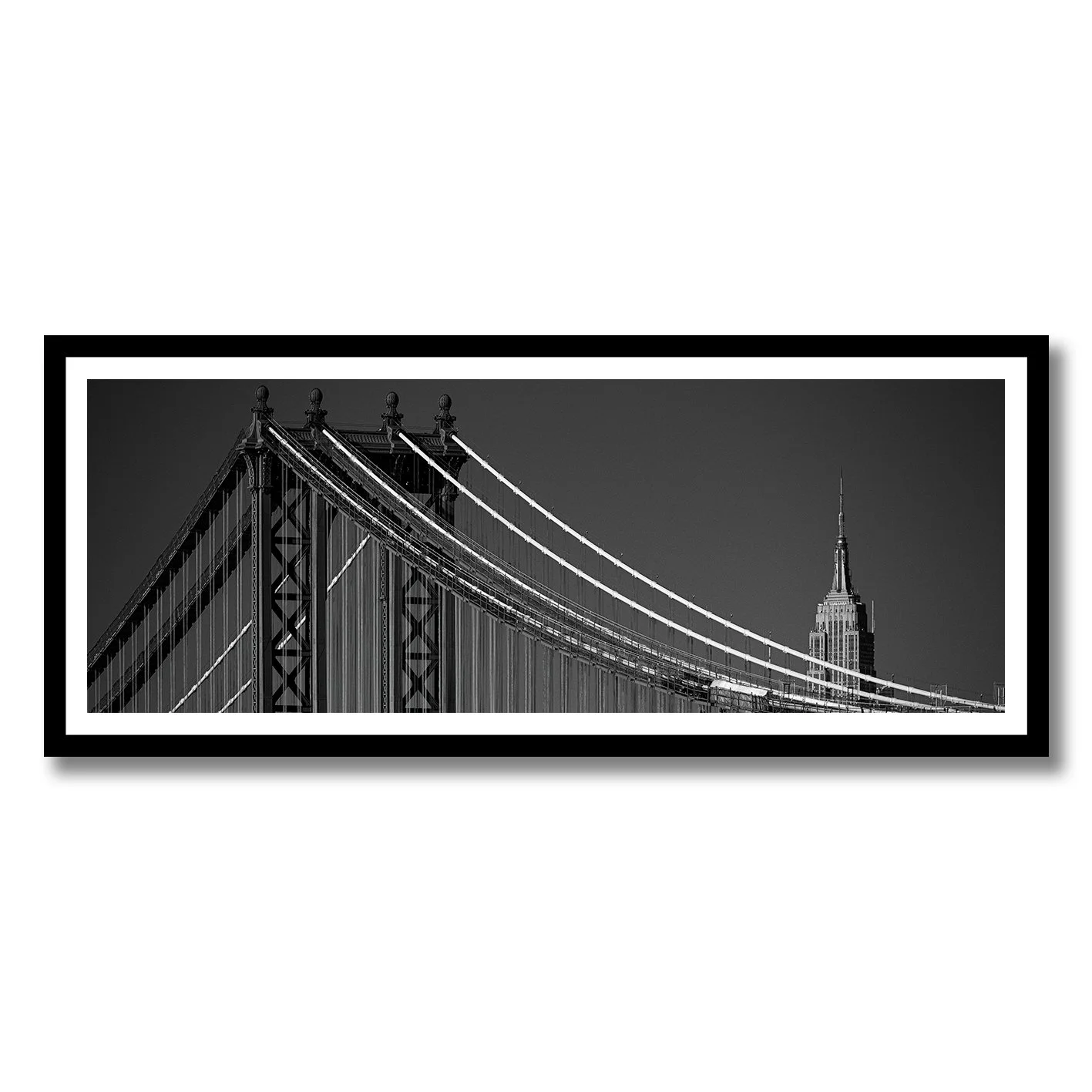 Black and white panoramic photograph of Manhattan Bridge and Empire State Building
