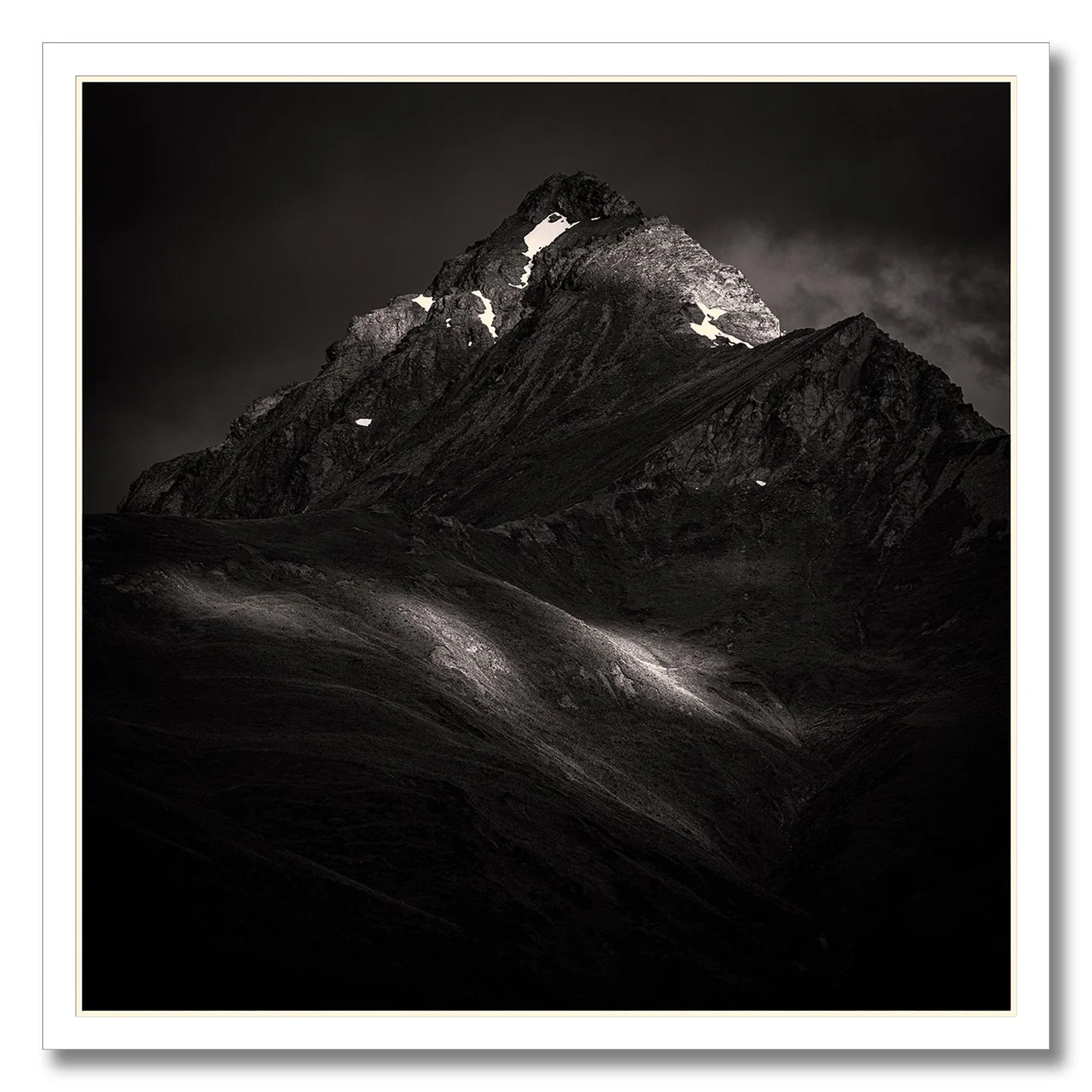 Black and white mountain landscape photograph in New Zealand