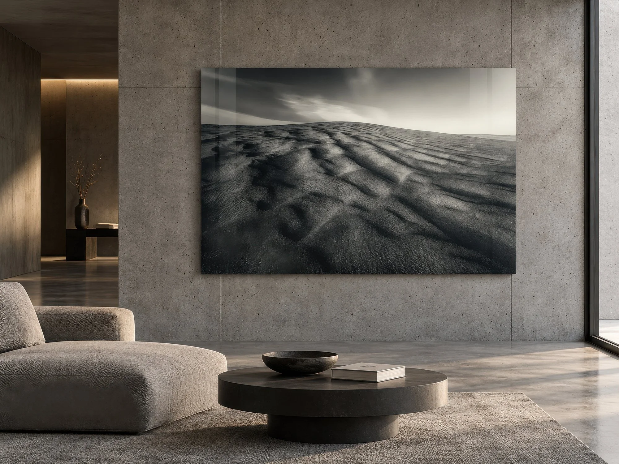 Sand Currents monochrome sand dune photograph on acrylic face mount against concrete walls in an ultra-minimalist interior, by Nick Psomiadis at NIKART Studio and Gallery