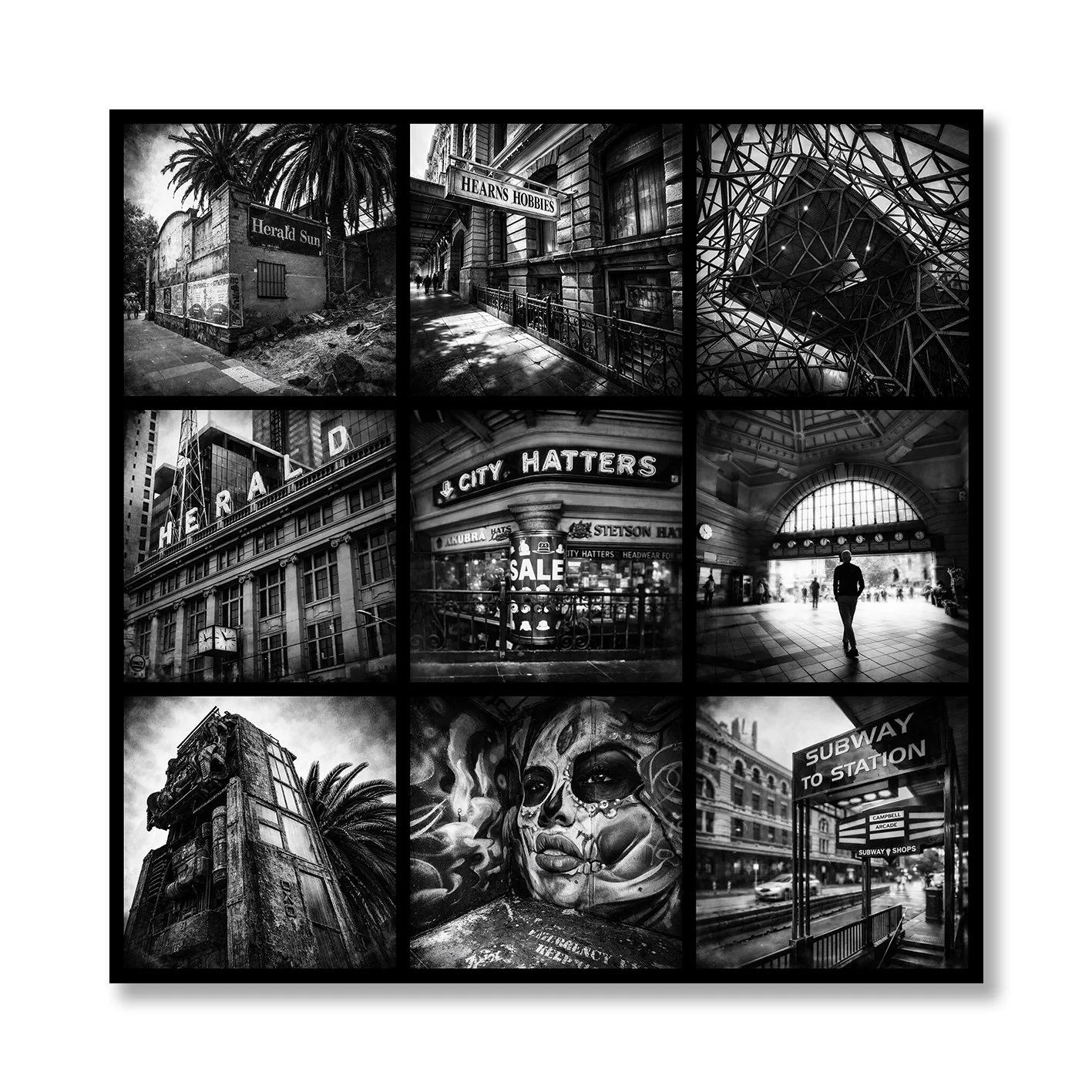 Black and white photograph collage of Flinders Street Melbourne architecture