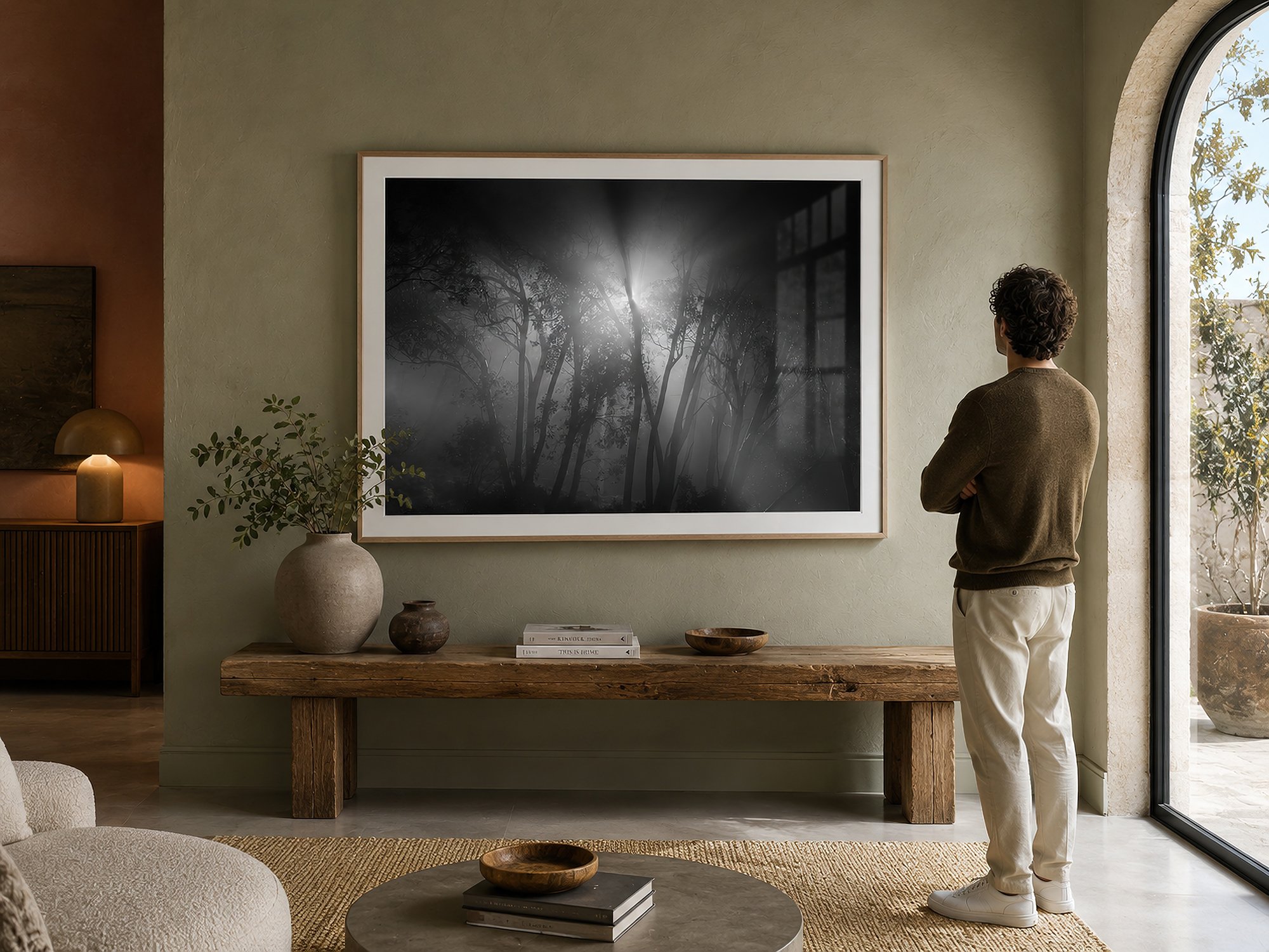 Large framed monochrome forest photograph displayed above a rustic timber bench in a warm contemporary interior, with a man viewing the artwork by Nick Psomiadis at NIKART Studio and Gallery