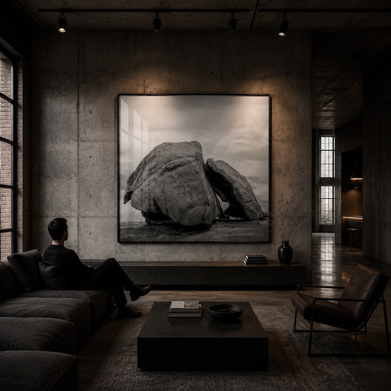 Framed black-and-white rock photograph in a dark concrete warehouse-style interior with one seated person, minimalist furniture, and moody spotlighting by Nick Psomiadis at NIKART Studio and Gallery