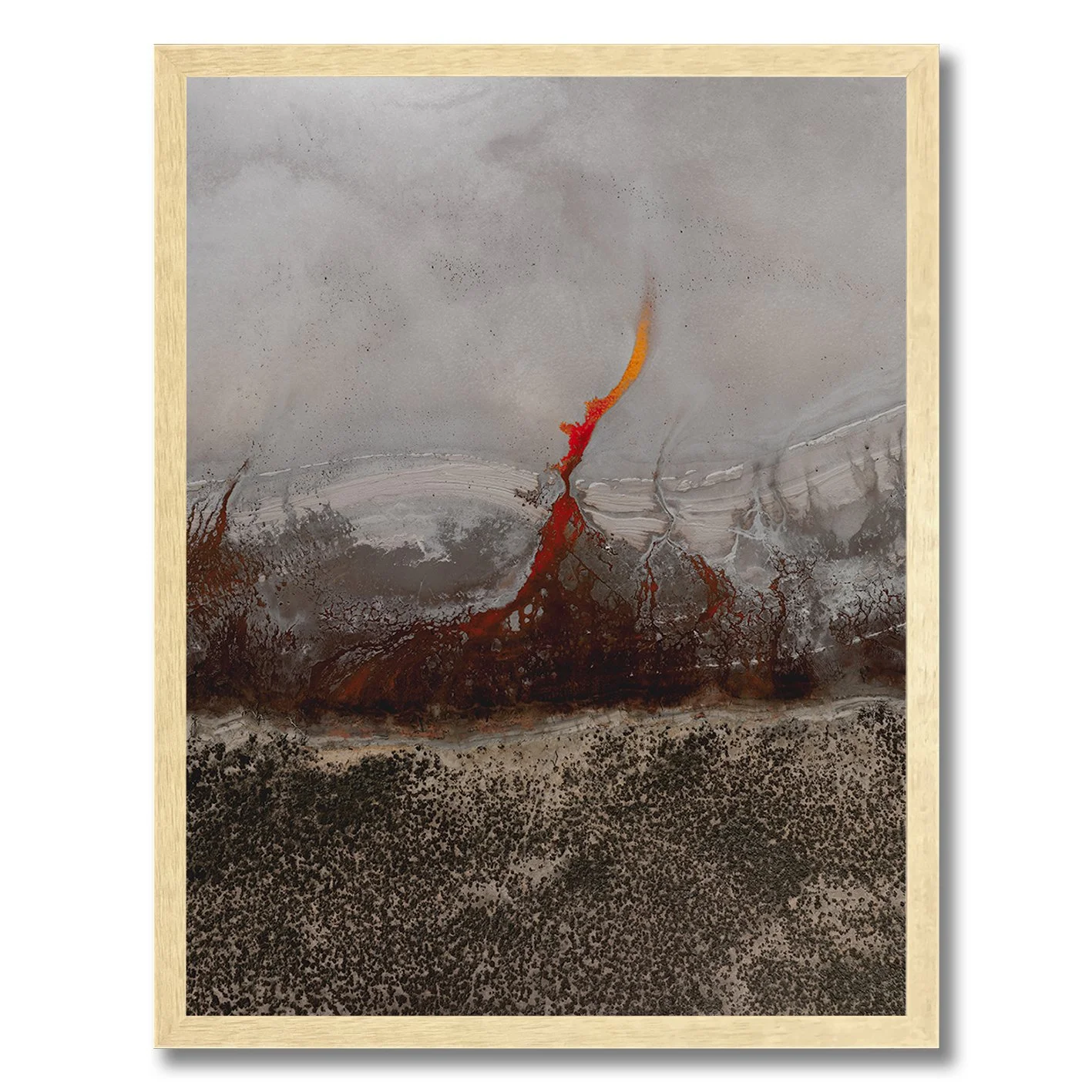 Aerial abstract landscape with vivid red and orange flow across earth tones