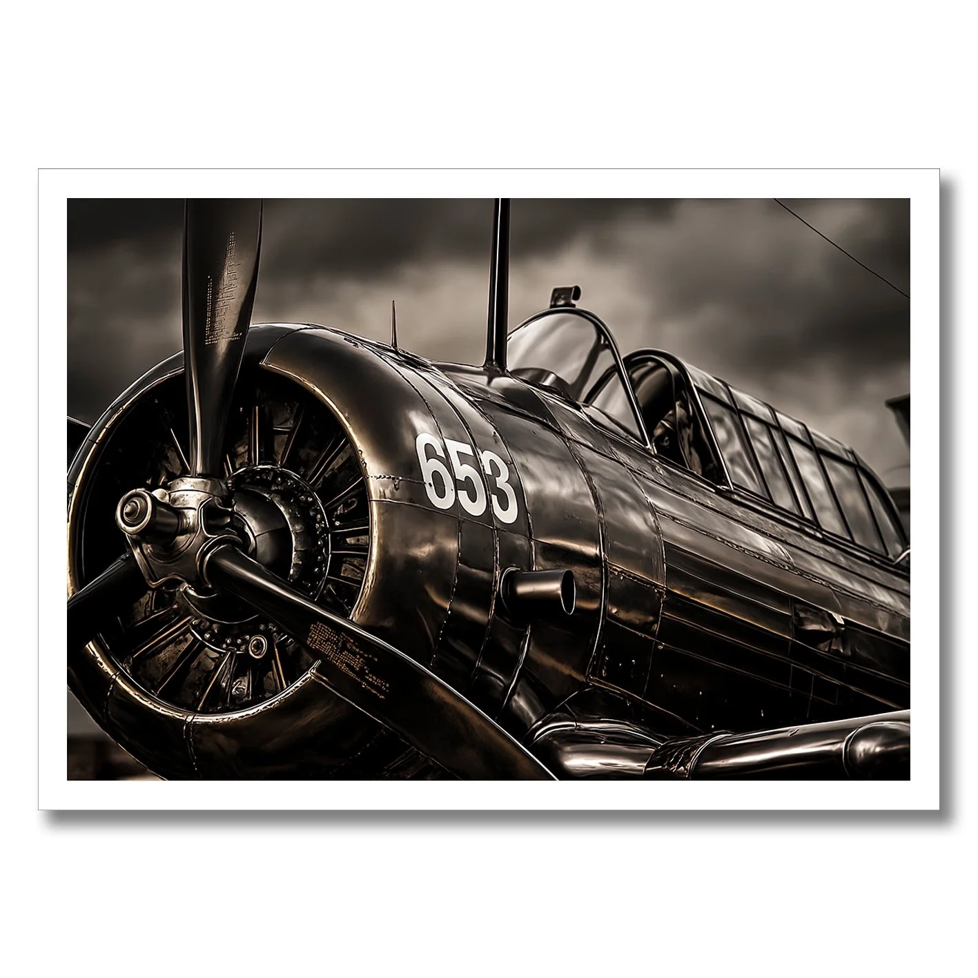 close-up metallic photograph of aircraft engine and fuselage with high contrast finish
