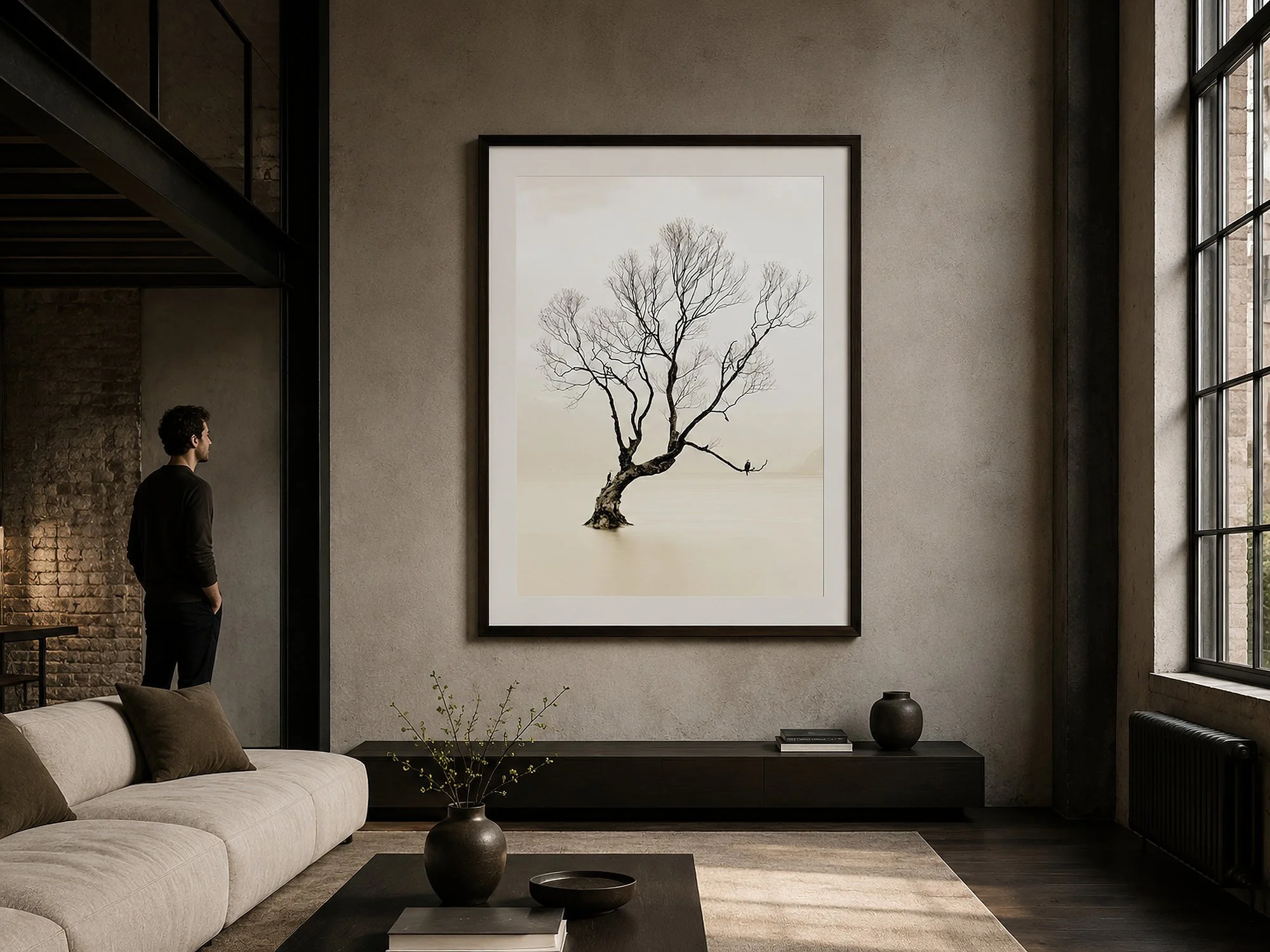 Man standing beside a dark-framed minimalist tree photograph in a moody industrial loft with exposed brick and tall windows by Nick Psomiadis at NIKART Studio and Gallery