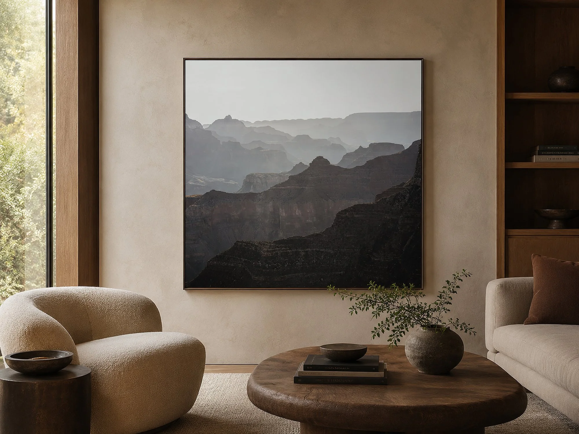 Framed square Grand Canyon photograph displayed without a border in a calm modern lounge with neutral furnishings.