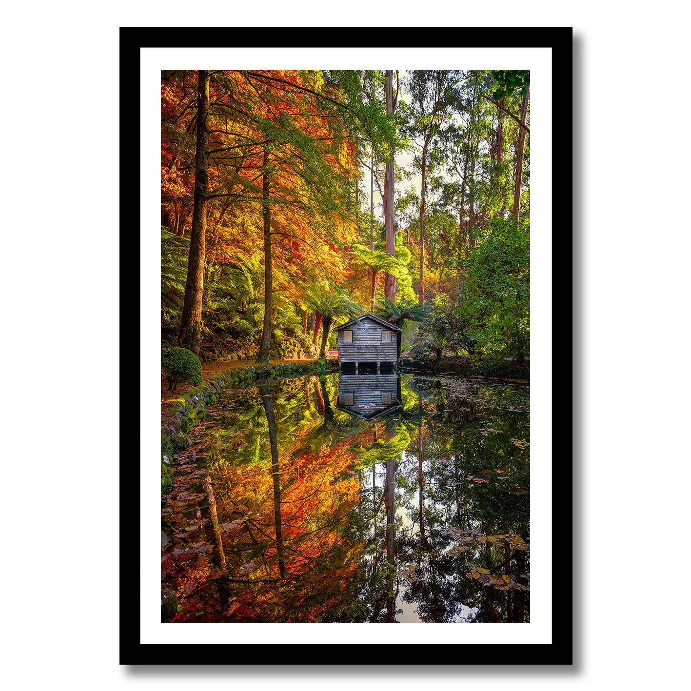Autumn garden photograph with boathouse, colourful forest and mirrored pond reflection