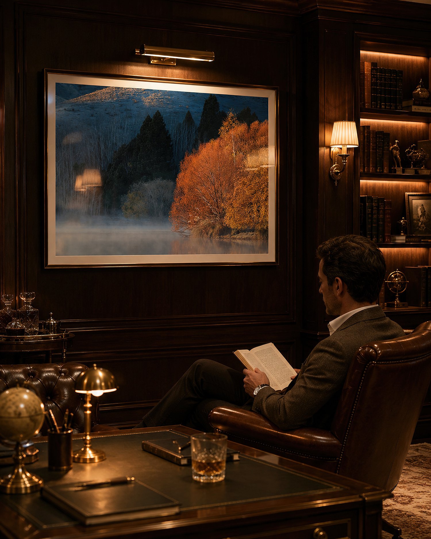 Luxury dark timber study with a man reading beside a framed autumn lakeside photograph, warm lamp lighting and reflections on the glass by Nick Psomiadis at NIKART Studio and Gallery