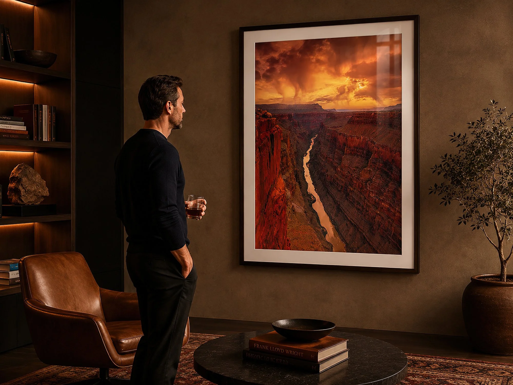 Framed Toroweap Grand Canyon photograph displayed behind reflective glass in a warmly lit contemporary study with a man standing nearby.