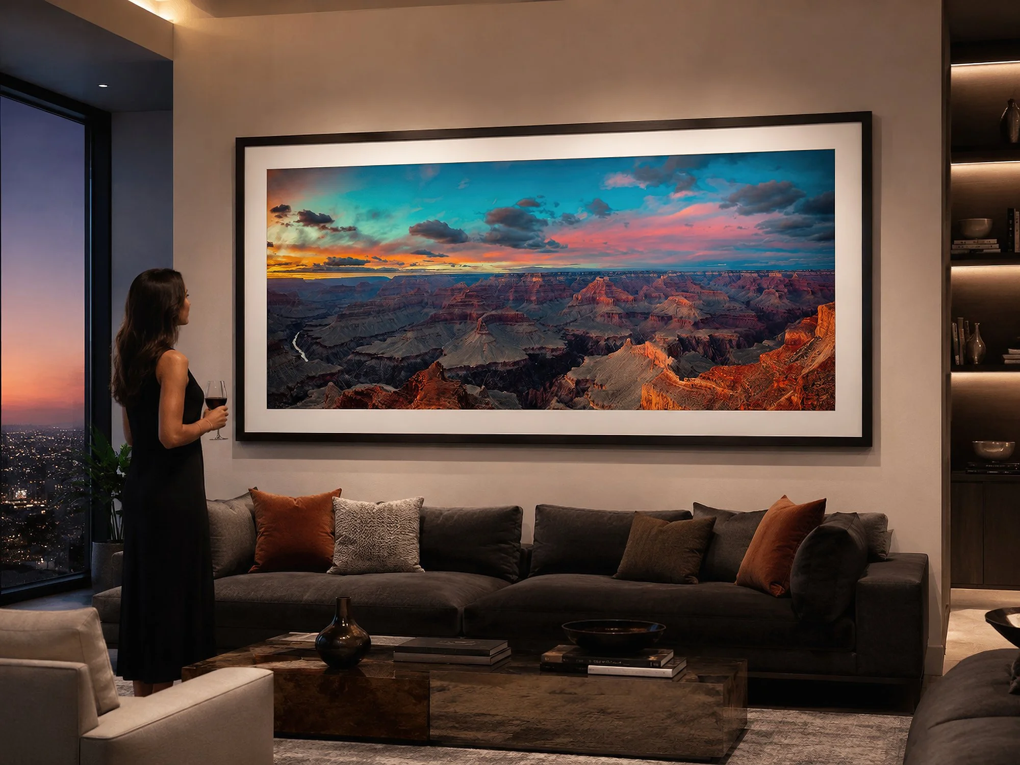 Framed panoramic Grand Canyon sunset photograph displayed in a luxurious modern living room with a woman standing nearby.