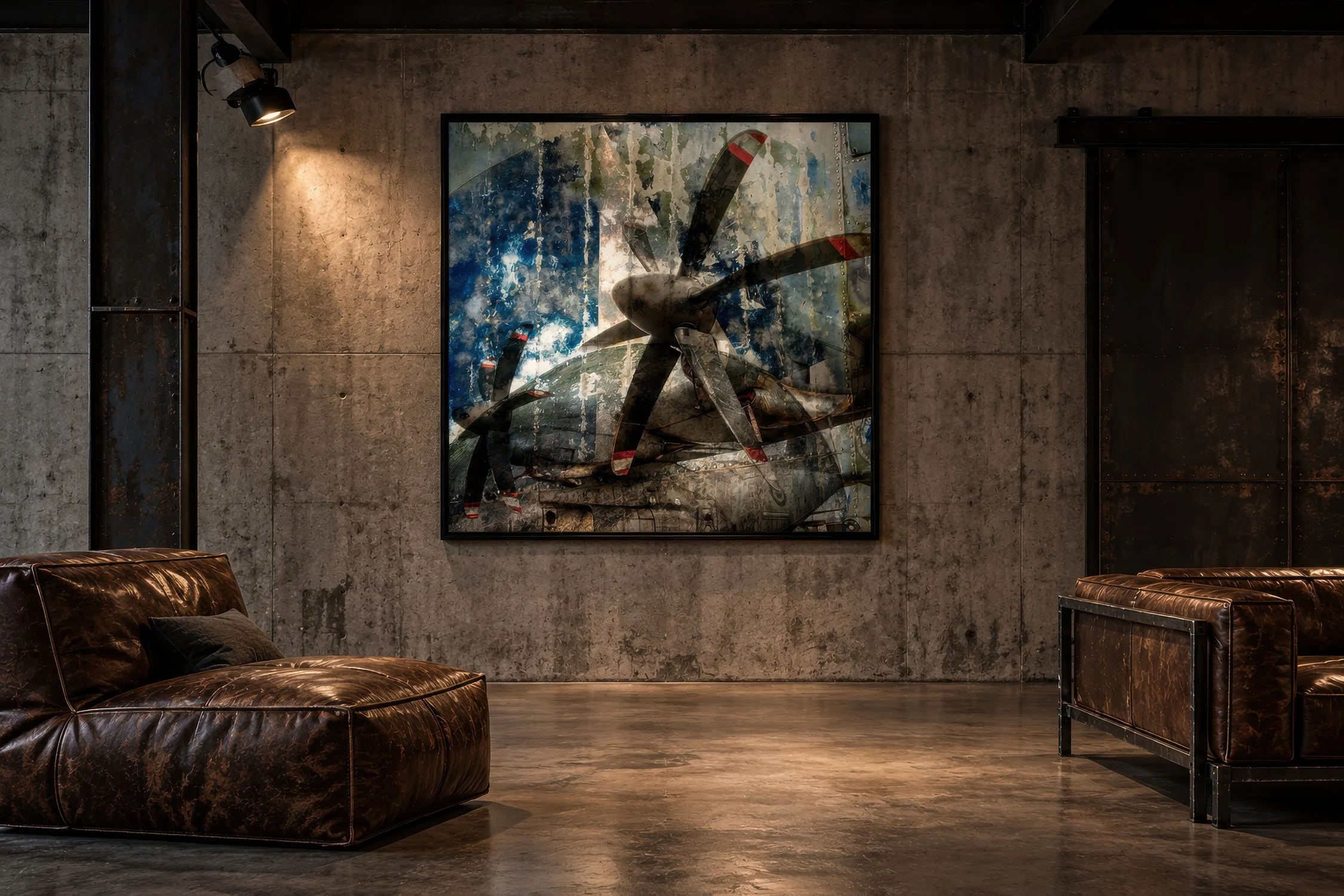 Black-framed aviation photograph on a raw concrete wall with distressed leather seating in a minimalist industrial warehouse by Nick Psomiadis at NIKART Studio and Gallery
