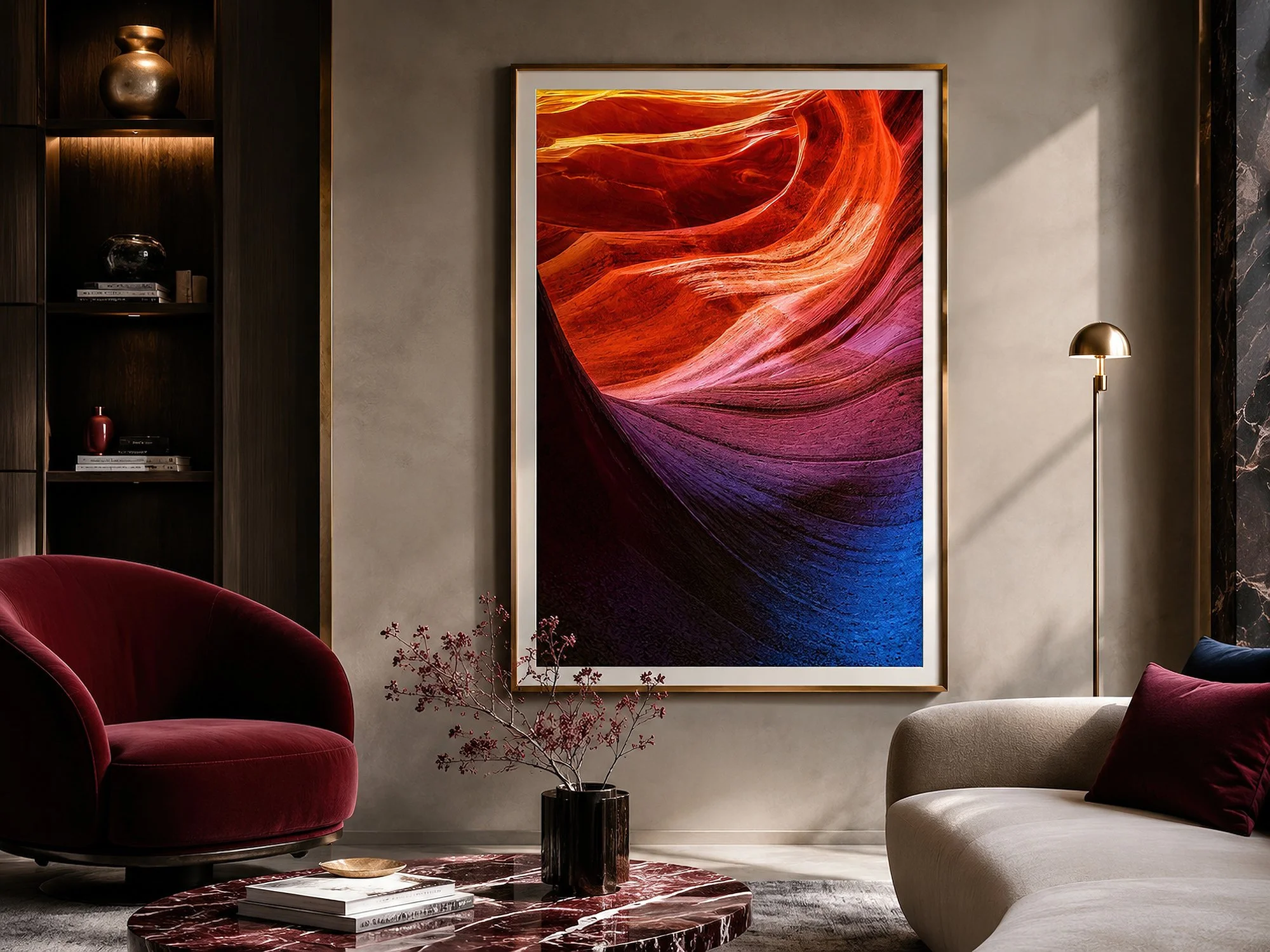 Framed Antelope Canyon photograph displayed in an elegant contemporary lounge with burgundy seating and warm accent lighting.