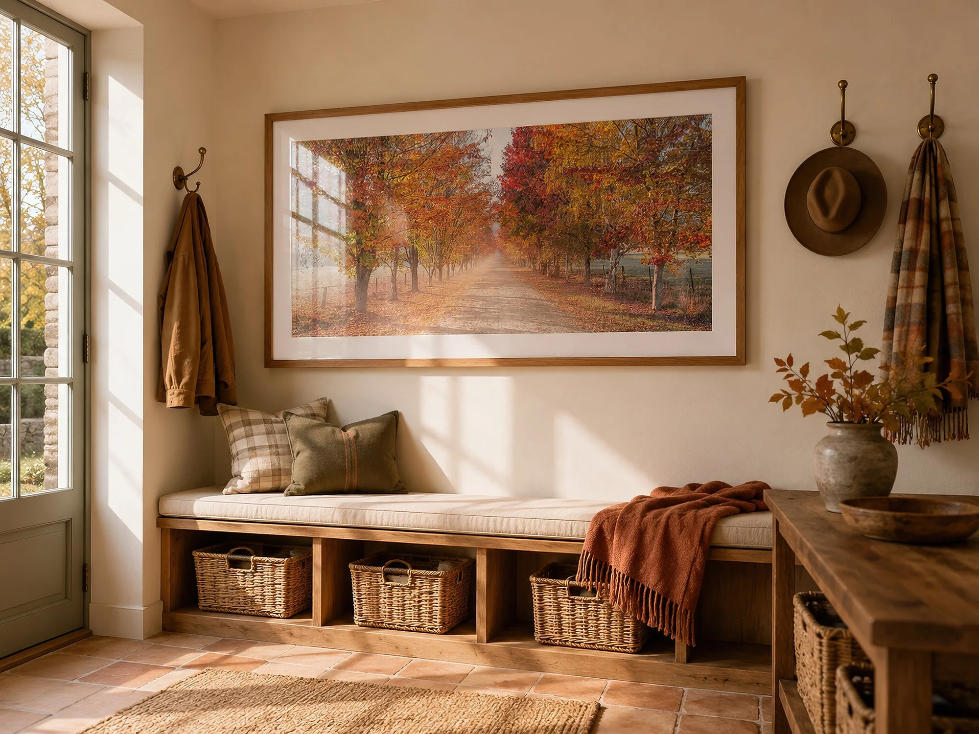 Warm country entryway with a timber-framed autumn avenue photograph above a cushioned bench by Nick Psomiadis at NIKART Studio and Gallery