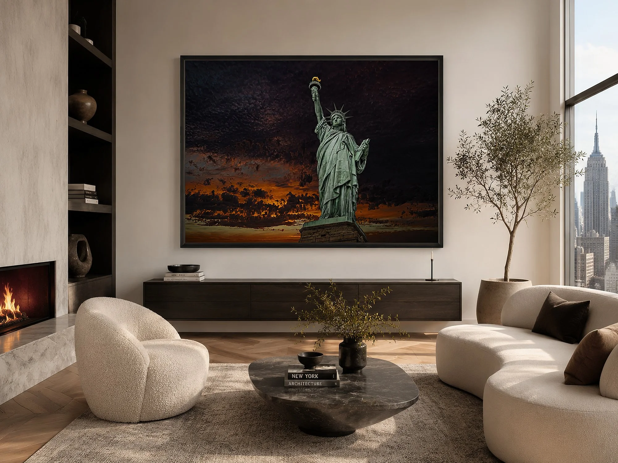 Framed Statue of Liberty sunset photograph displayed in a bright luxury living room with a New York skyline view.