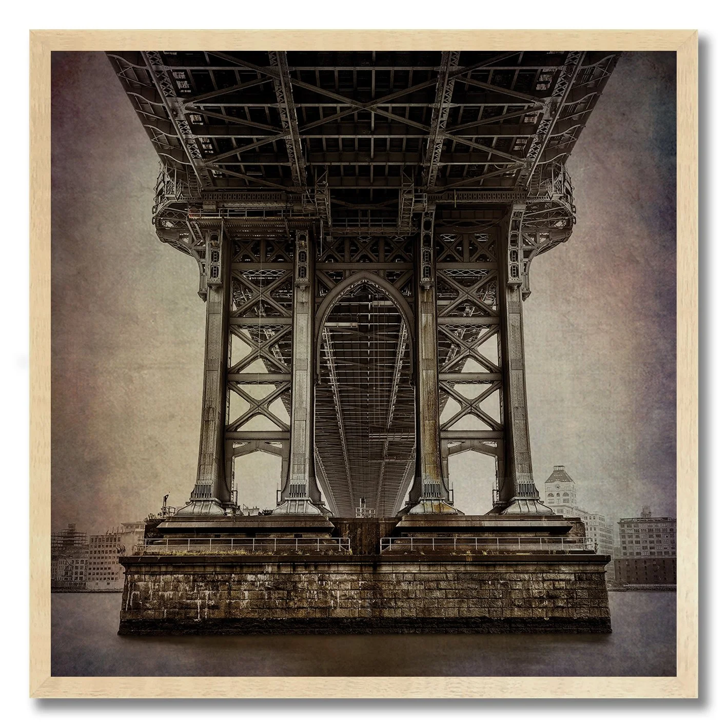 Fine art photograph of bridge architecture from below with grunge texture tones