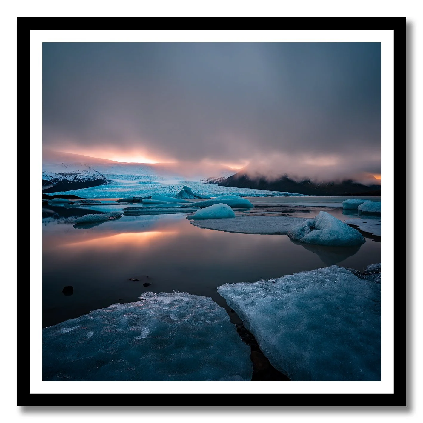 Fine art photograph of icebergs and sunset reflections at Fjallsarlon Lagoon Iceland