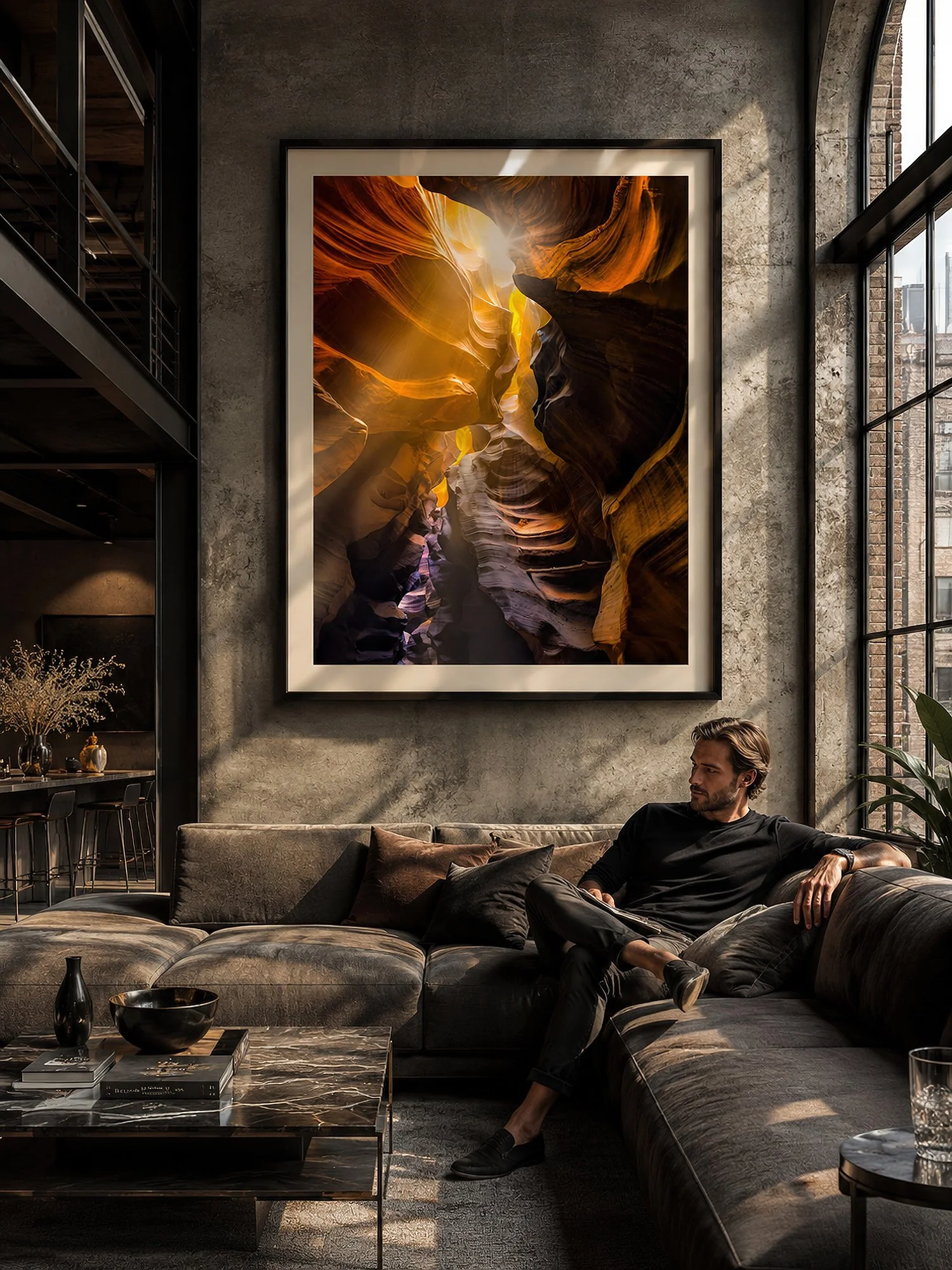 Glass-framed canyon photograph in a luxury industrial loft with a man seated on a sofa by Nick Psomiadis at NIKART Studio and Gallery