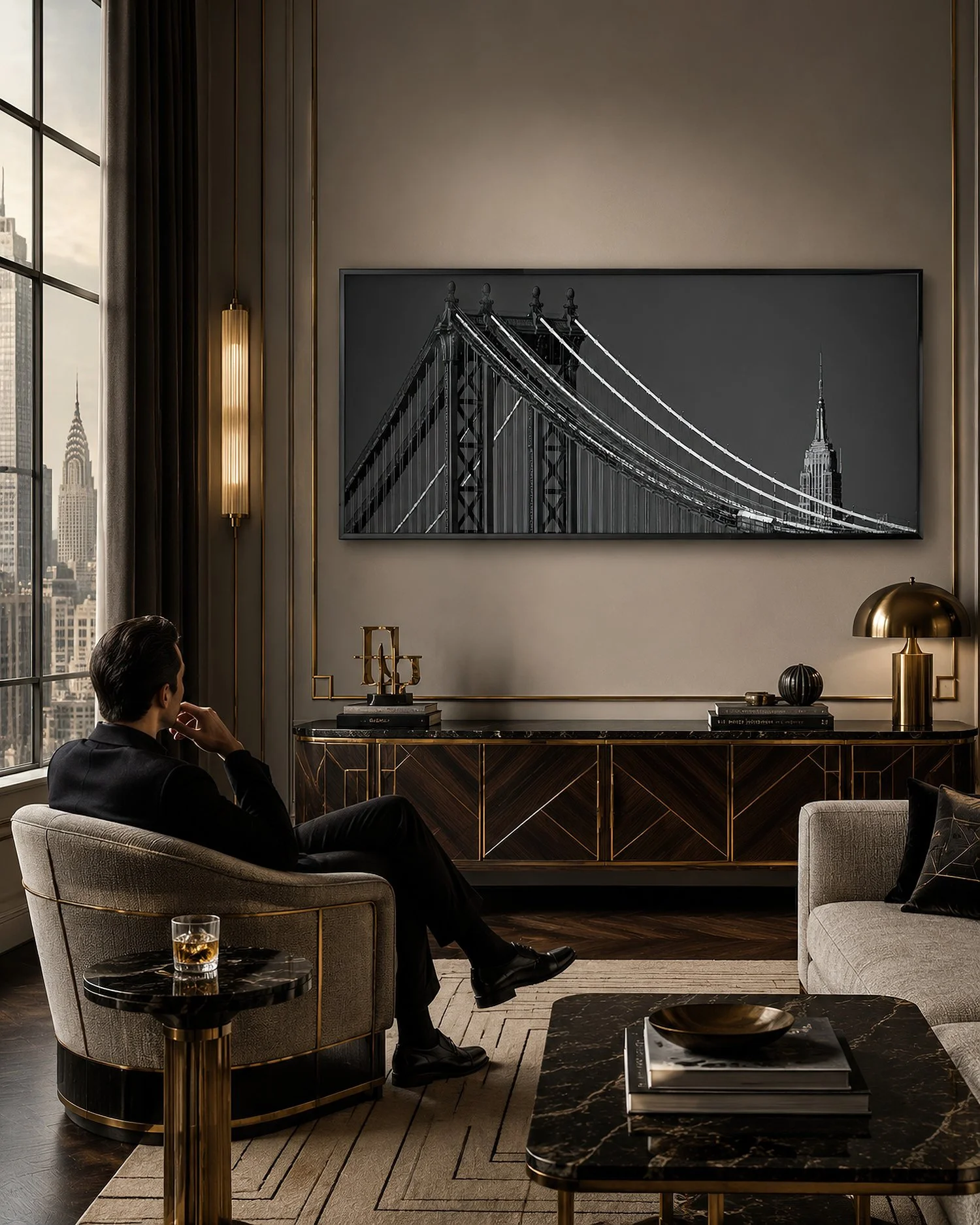 Luxury interior with framed New York Steel photograph and seated person viewing artwork.
