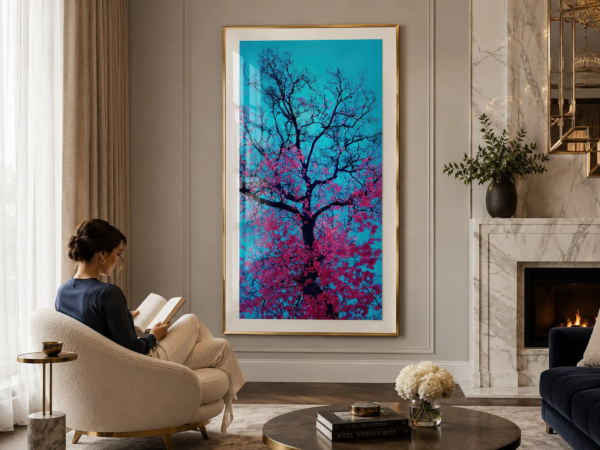 Large framed vertical infrared tree photograph with vivid pink foliage and a cyan sky displayed in a luxury marble-accented living room, with a woman seated and reading beside the artwork by Nick Psomiadis at NIKART Studio and Gallery