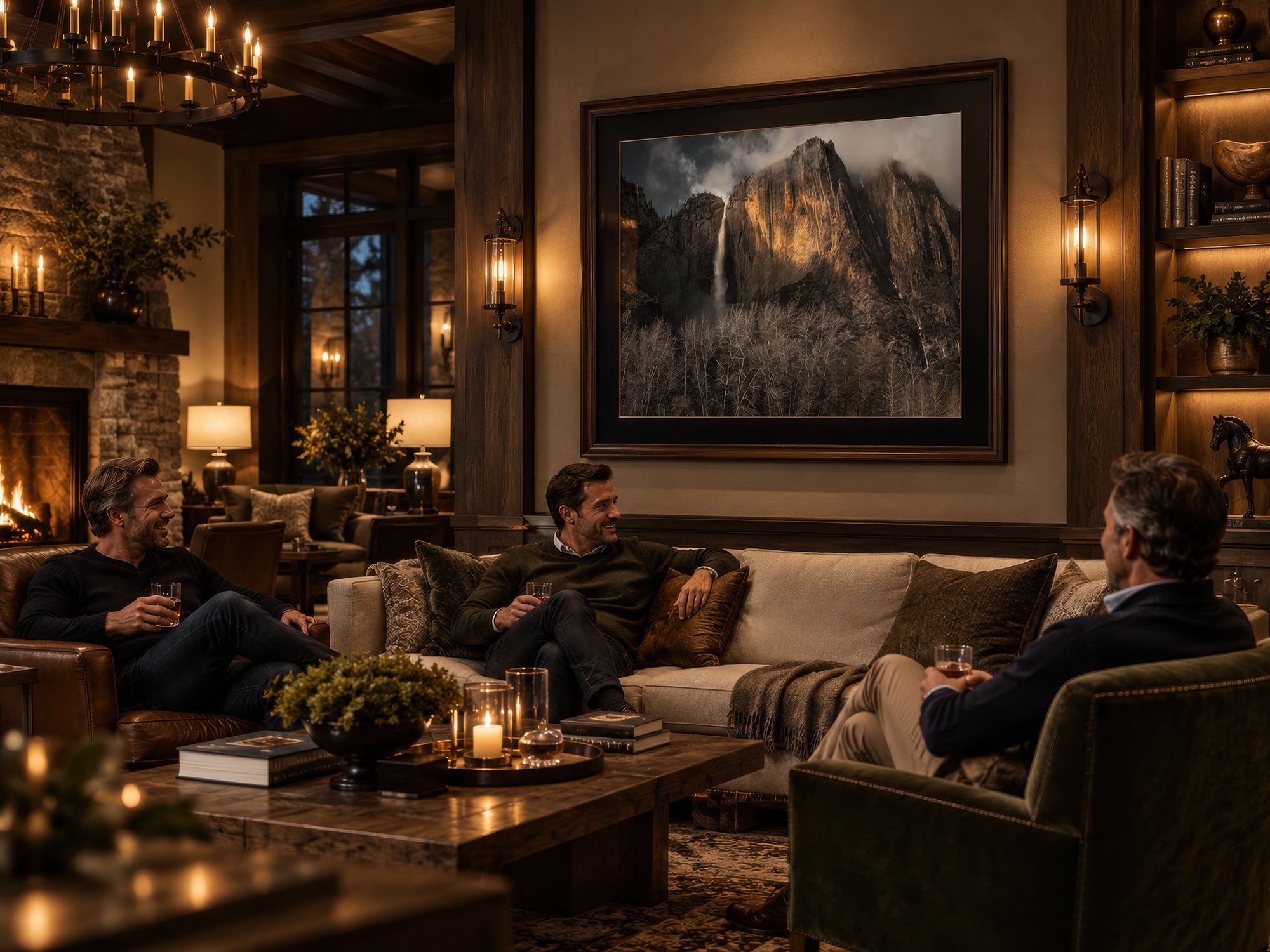 Framed Yosemite Falls photograph with glowing granite cliffs in a moody luxury lounge with seated men, by Nick Psomiadis at NIKART Studio and Gallery