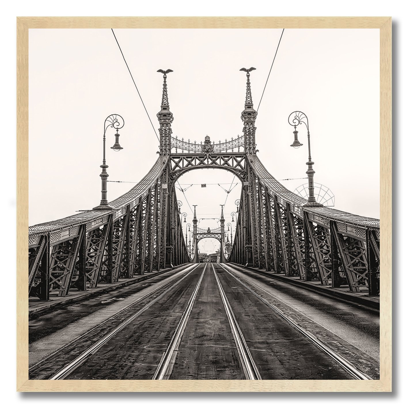 Black and white photograph of Liberty Bridge in Budapest with tramlines