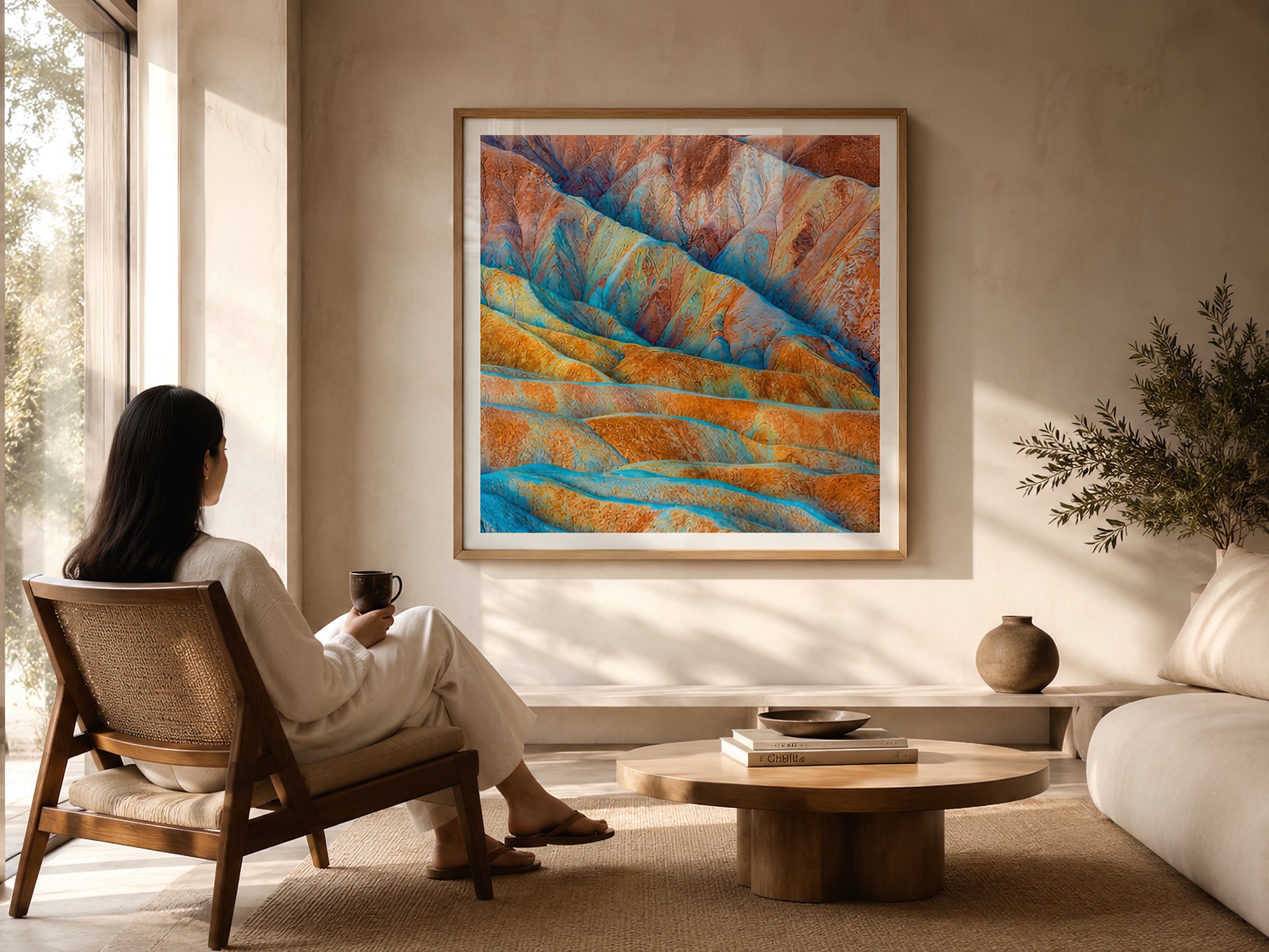 Sunlit minimalist living room with a seated woman beside a light timber-framed colourful desert badlands photograph with natural glass reflections by Nick Psomiadis at NIKART Studio and Gallery