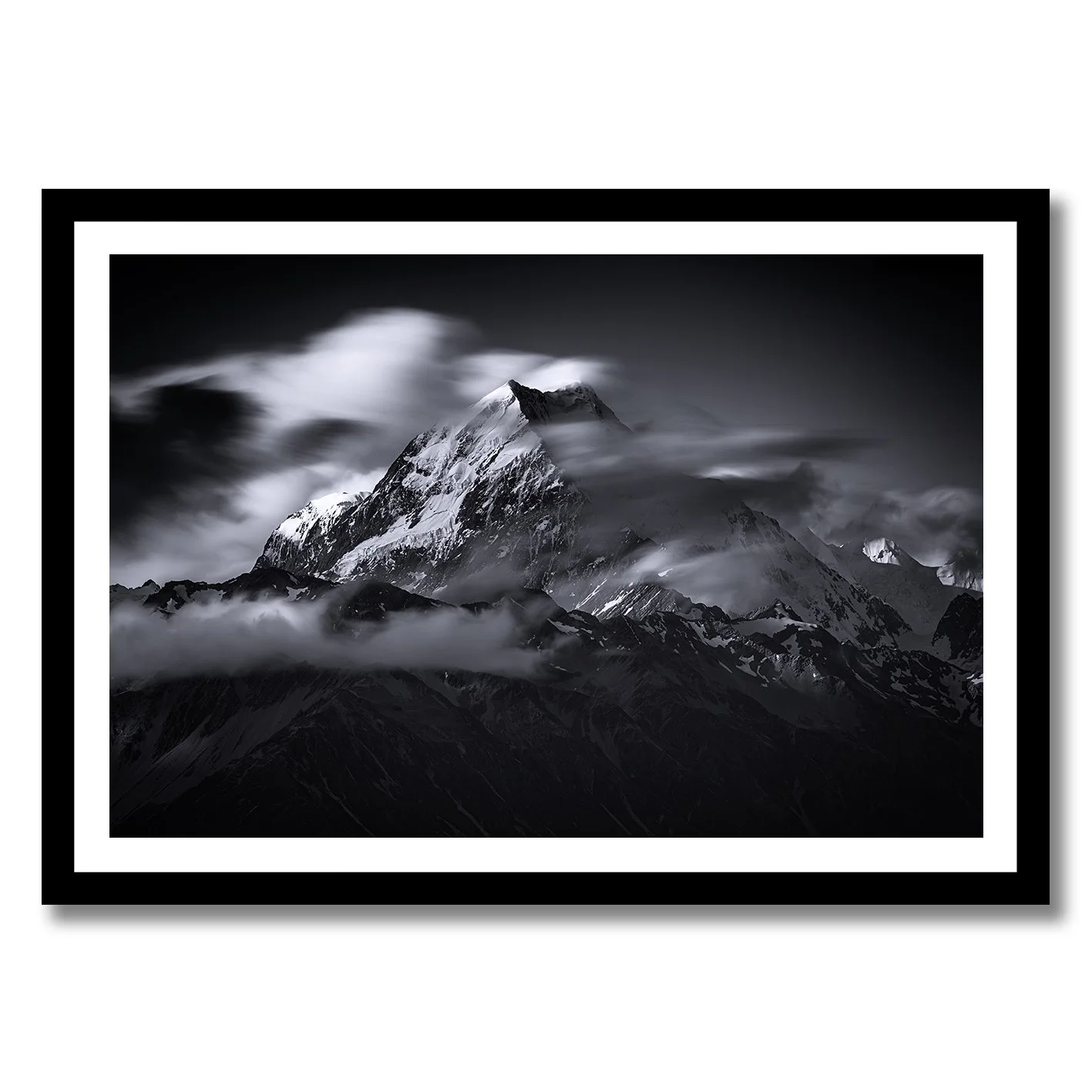 Black and white mountain photograph of Aoraki Mount Cook in the Southern Alps