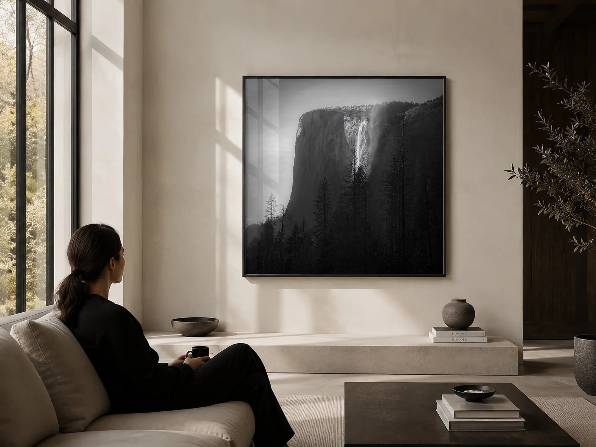 Bright minimalist living room with a seated woman beside a black-framed monochrome cliff and waterfall photograph with natural glass reflections by Nick Psomiadis at NIKART Studio and Gallery