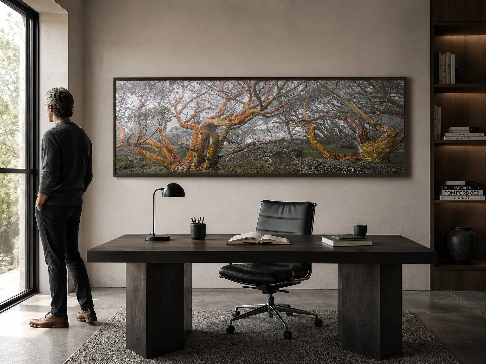 Modern home office with a man beside a wide framed snow gum forest photograph above a dark timber desk by Nick Psomiadis at NIKART Studio and Gallery