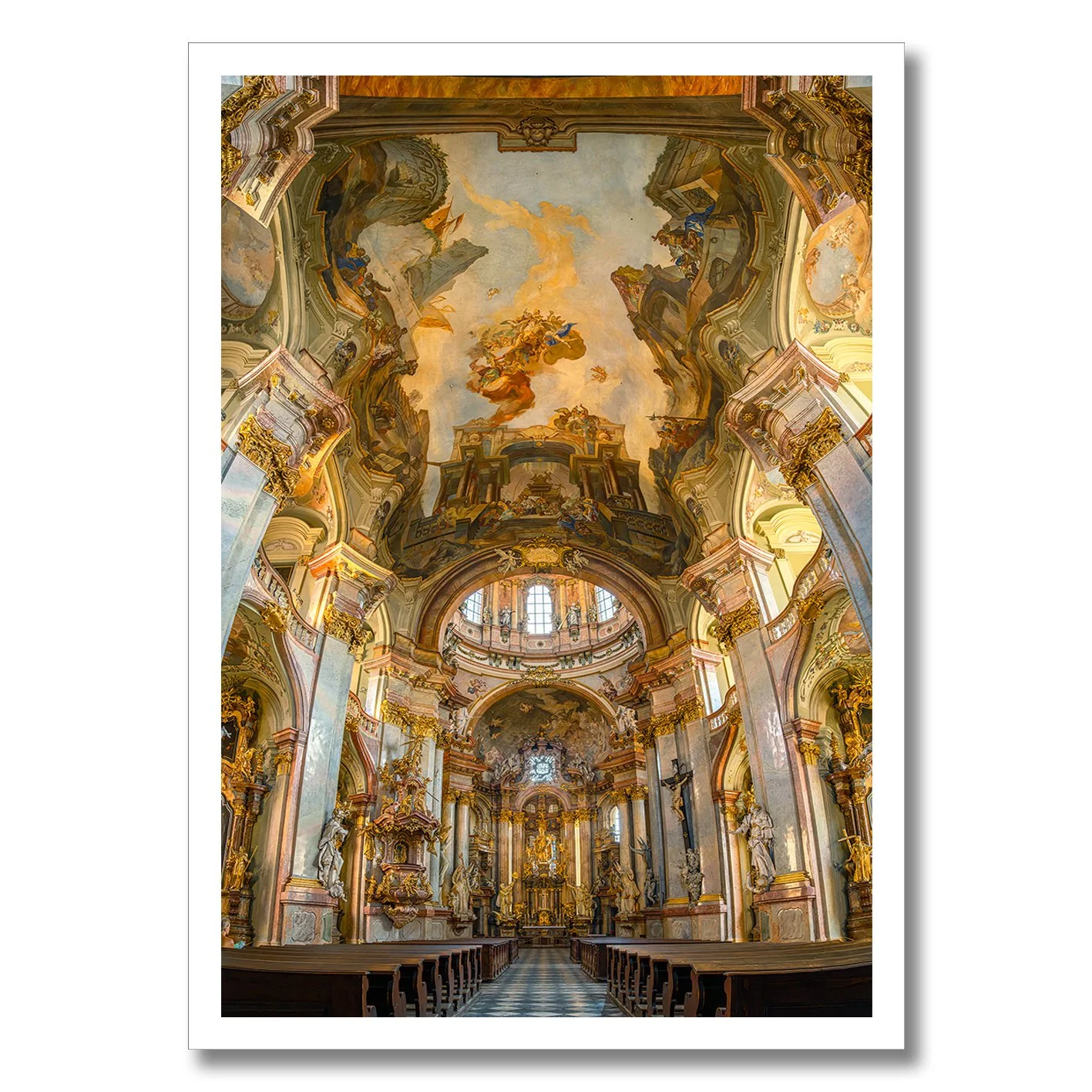 Baroque interior of St. Nicholas Church in Prague with ornate gold details