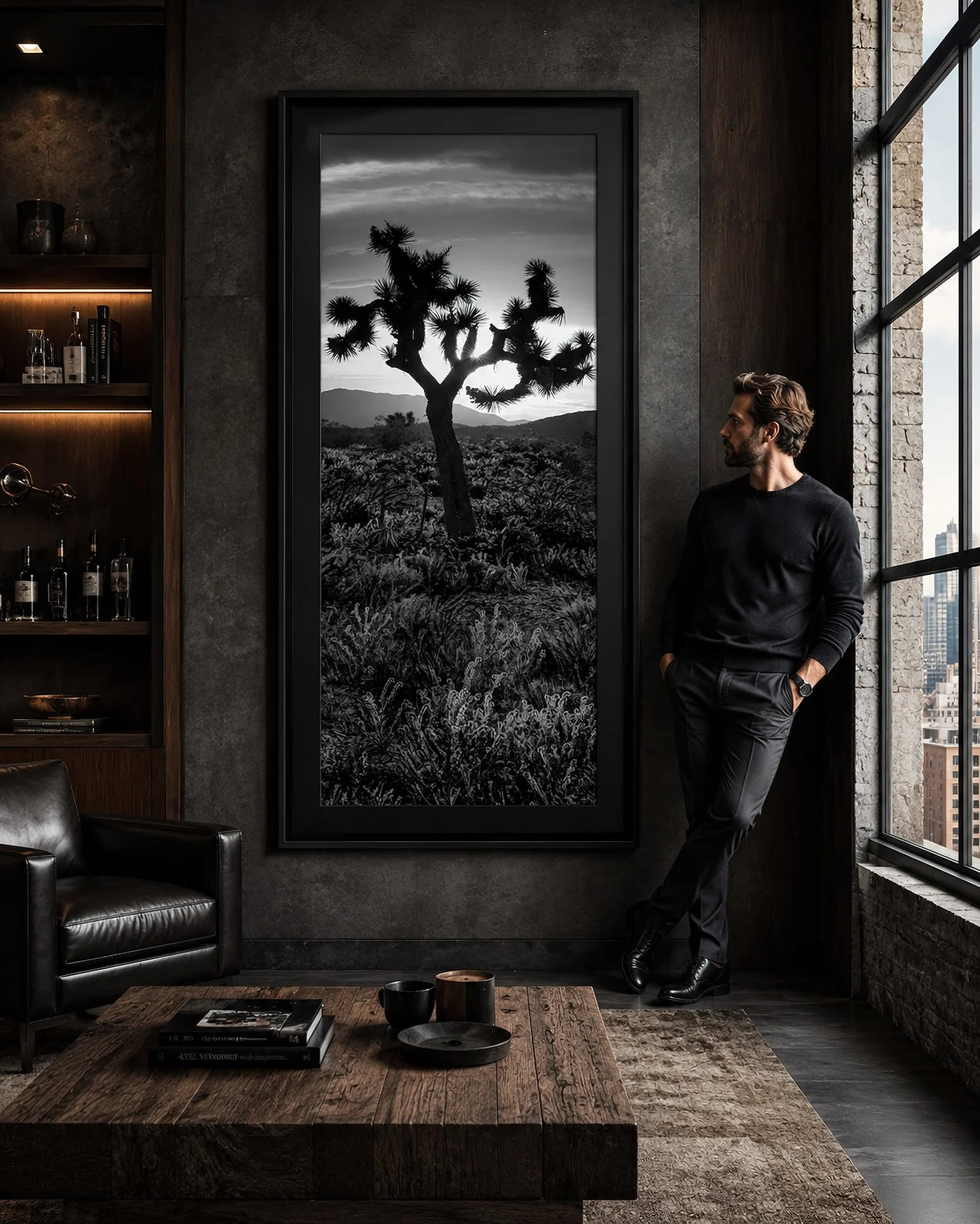 Dark modern living room with a black-framed monochrome Joshua tree photograph and a man standing beside it by Nick Psomiadis at NIKART Studio and Gallery