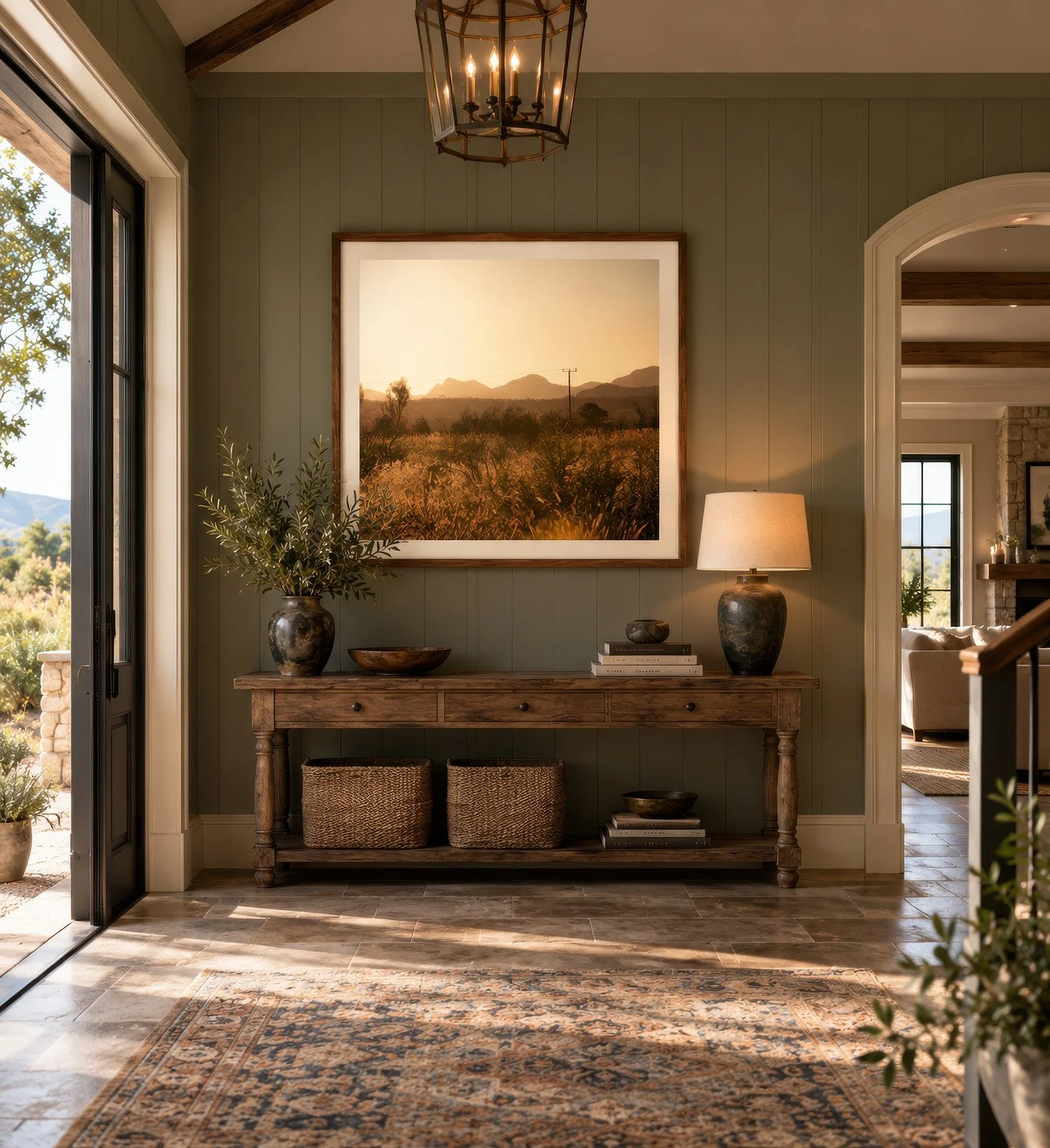 Framed photograph of golden Australian outback grasslands and distant mountains above a timber console in a rustic entryway, by Nick Psomiadis at NIKART Studio and Gallery