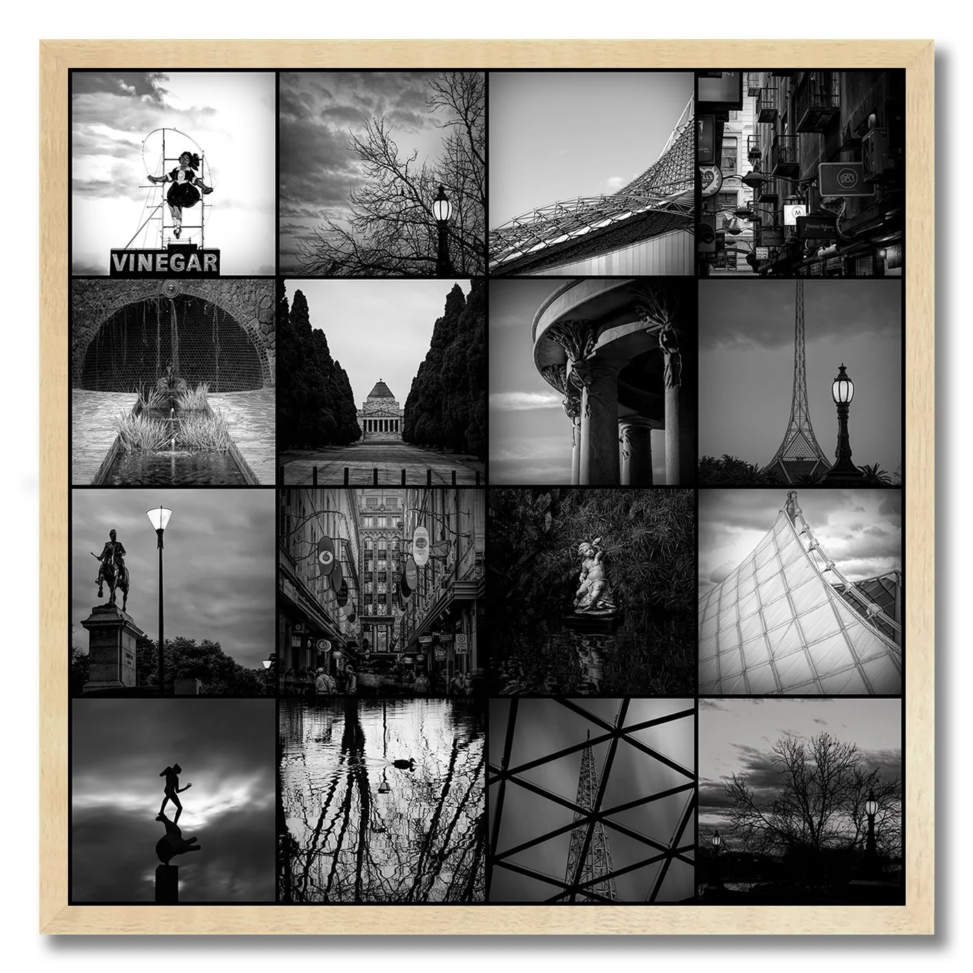 Black and white fine art collage of Melbourne architecture and landmarks