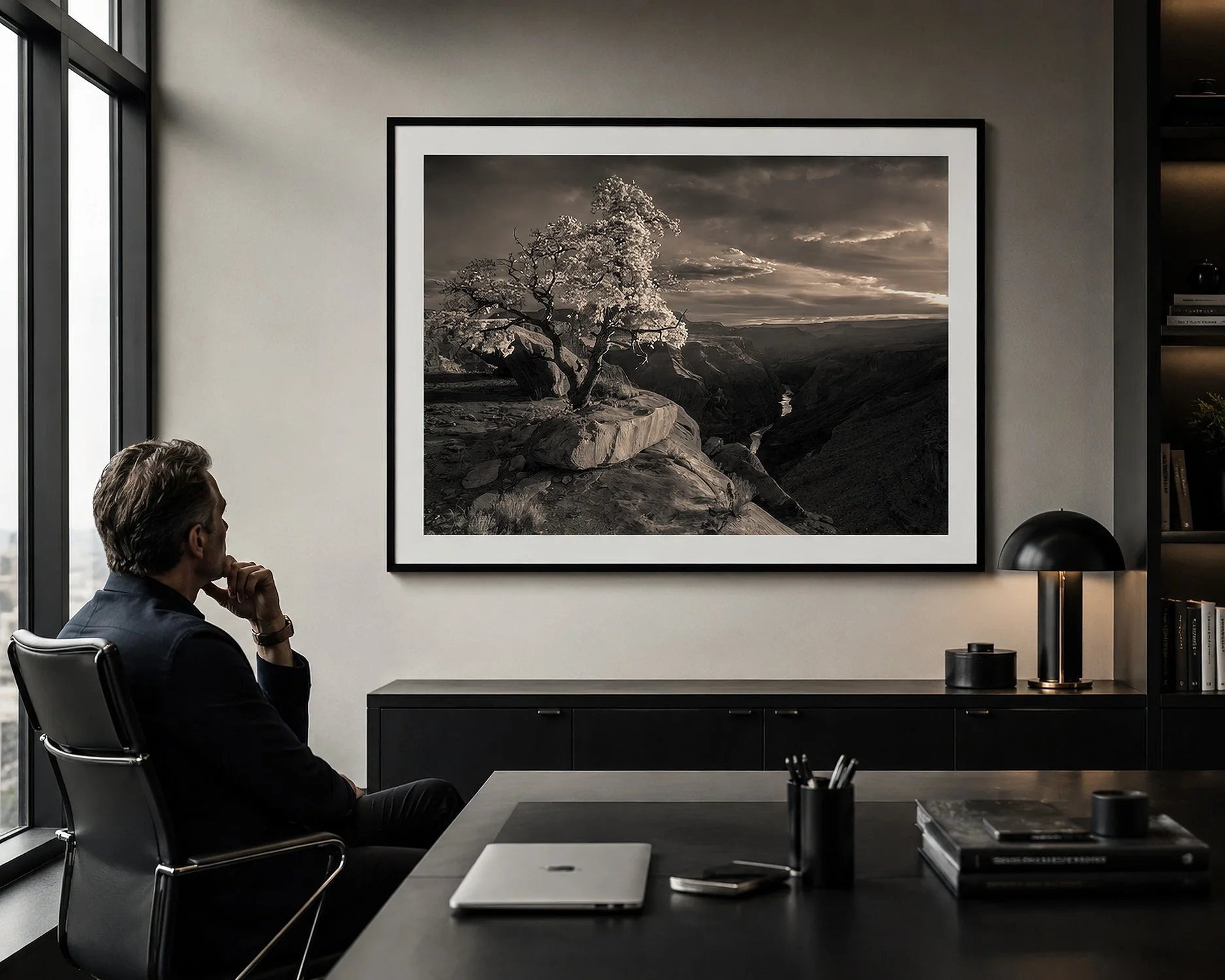 Framed monochrome Grand Canyon photograph displayed in a modern office with a seated businessman.