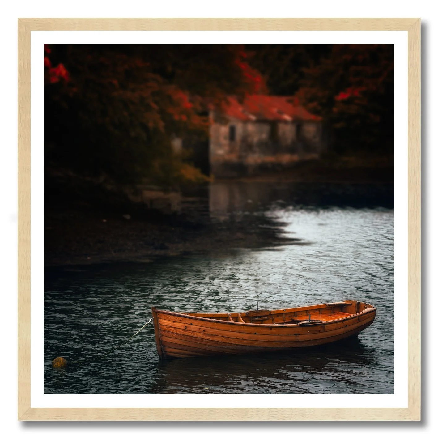 Fine art photograph of wooden boat floating on calm water in Ireland