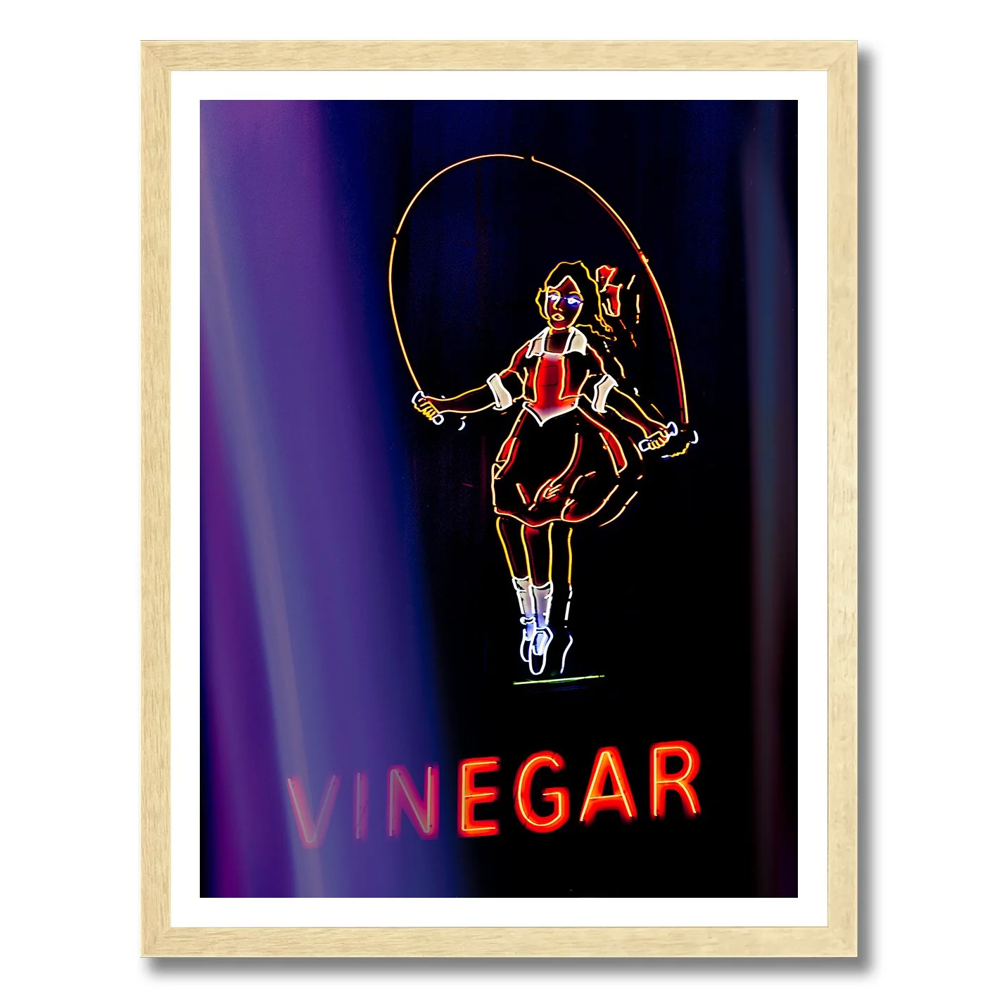 Neon photograph of Skipping Girl sign behind purple curtain light