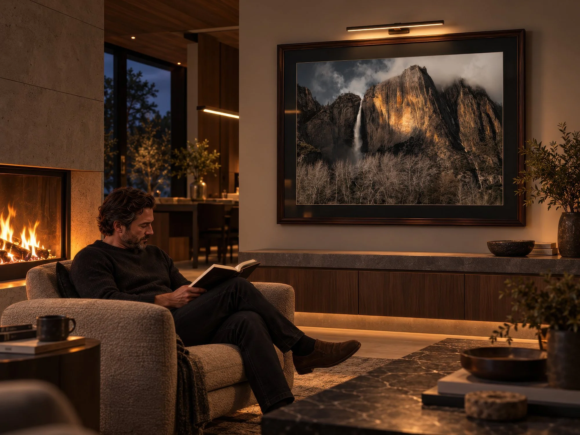 Framed Yosemite Falls photograph with waterfall and illuminated granite in a modern home with a man reading by the fire, by Nick Psomiadis at NIKART Studio and Gallery