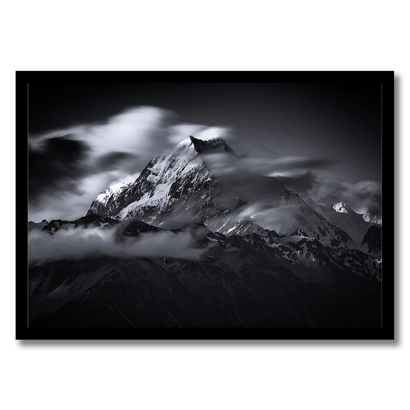 Black and white mountain photograph of Aoraki Mount Cook in the Southern Alps